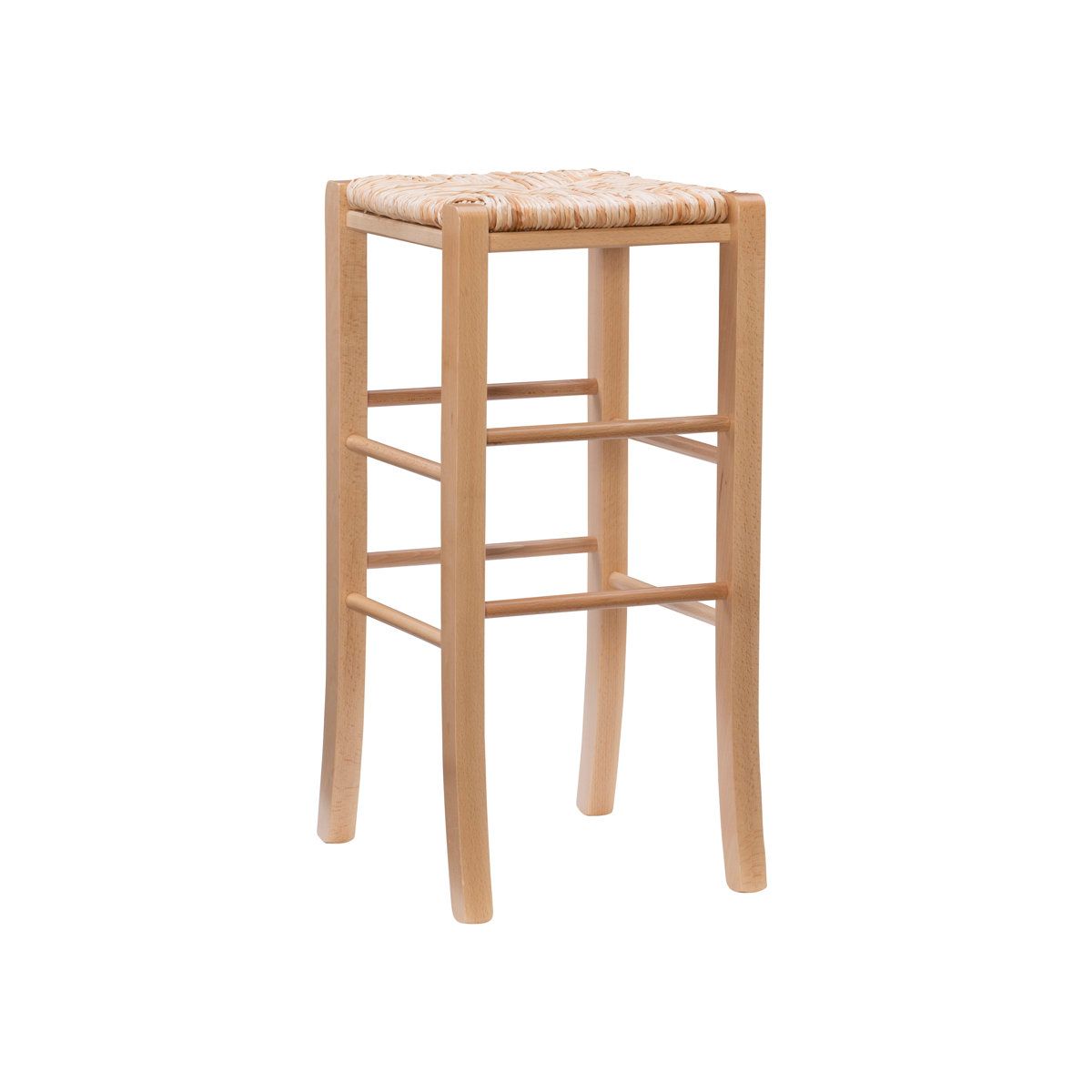 Natural wood bar stool with woven rush seat, square frame, and stretcher rails on white background.