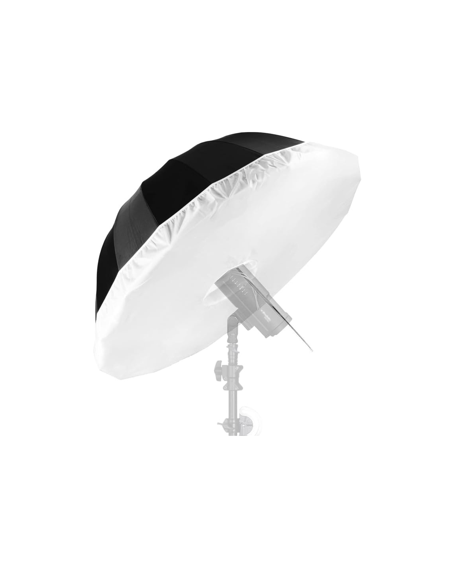 Black and white photography studio umbrella reflector mounted on a light stand for professional lighting.