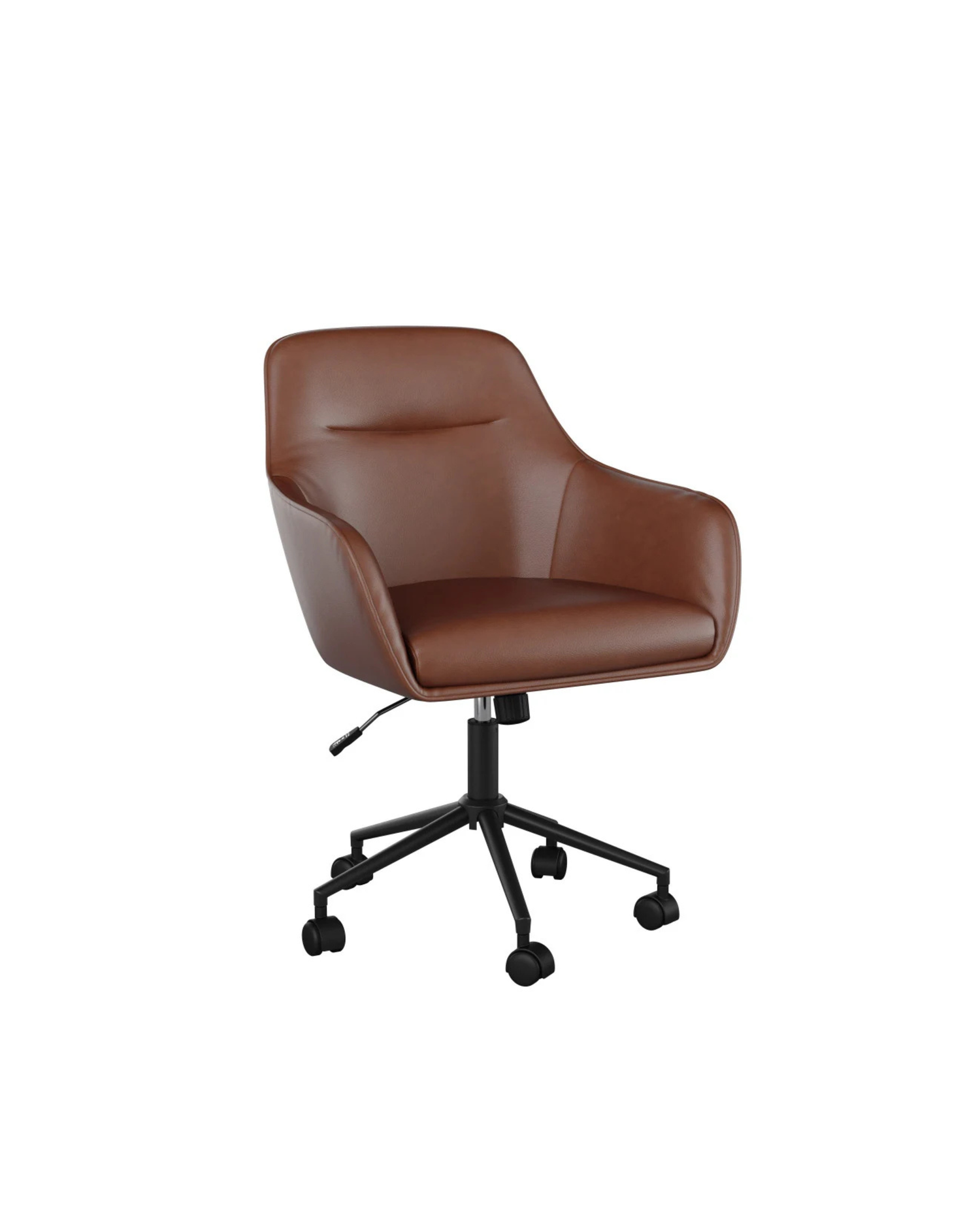 Brown faux leather office chair with padded armrests, cushioned seat, adjustable height, and black five-star base with casters.