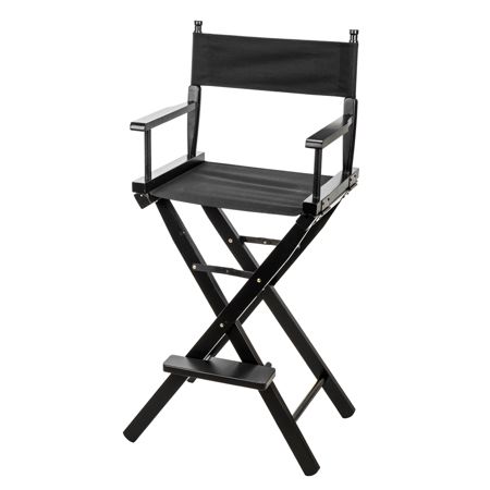 Black folding director's chair with armrests and canvas seat, tall bar height design, ideal for makeup artists.