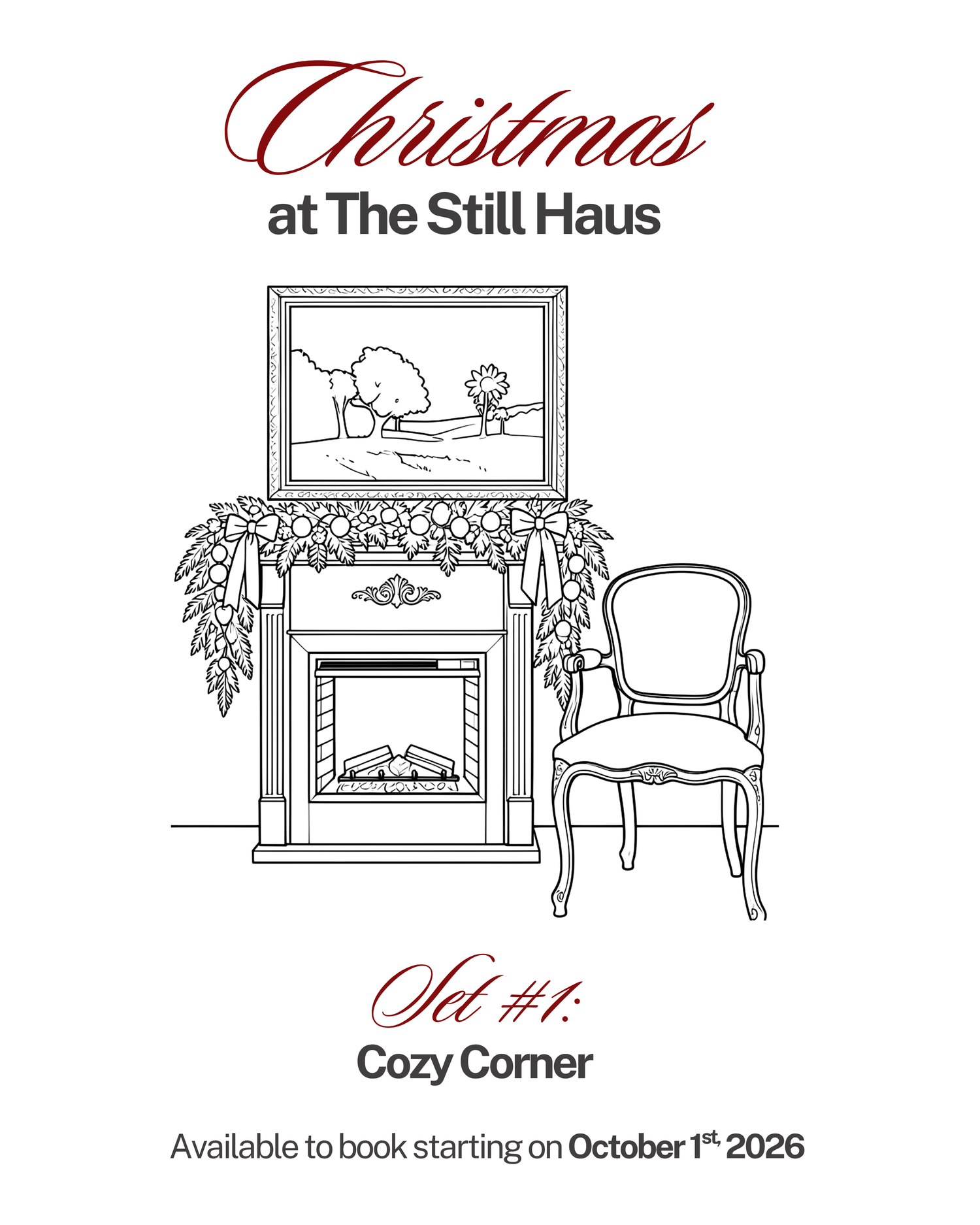 Line art illustration of a cozy fireplace with garland and chair for Christmas at The Still Haus Cozy Corner Set booking.
