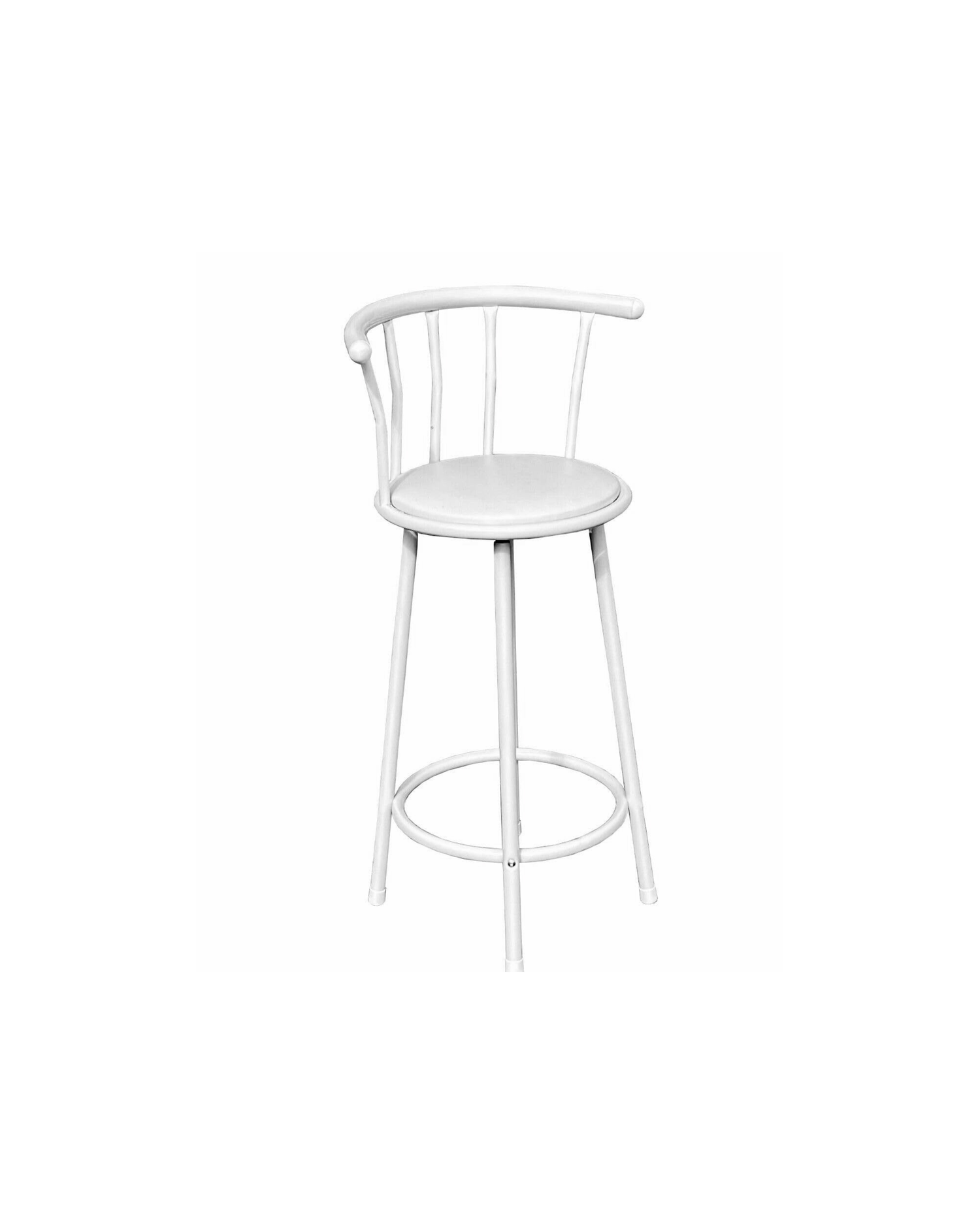 White metal bar stool with round padded seat, curved back spindles, and footrest ring on four legs.
