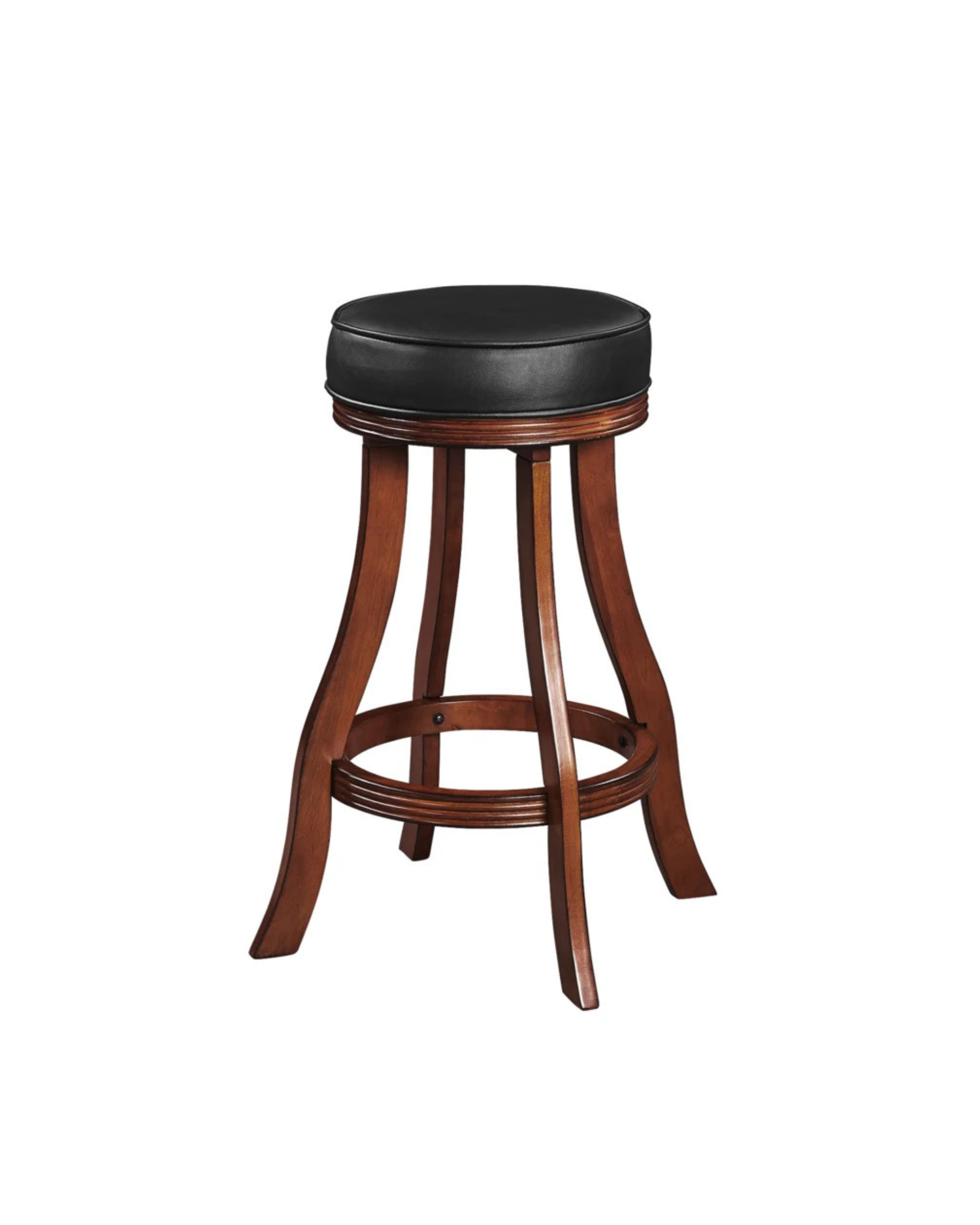 Round backless bar stool with black leather padded seat and cherry wood curved legs with circular footrest.