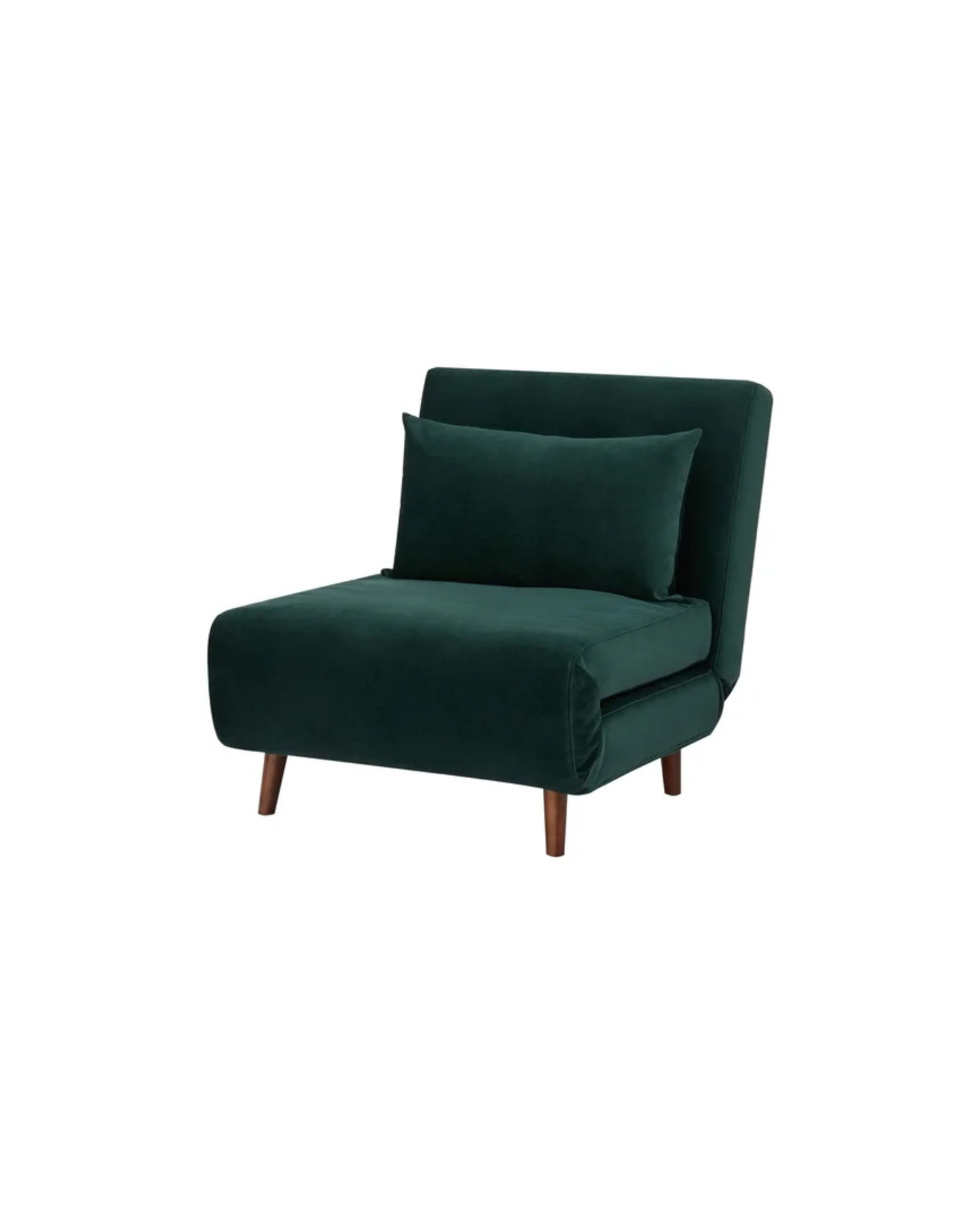 Dark green velvet accent chair with mid-century modern wooden legs and matching lumbar pillow.