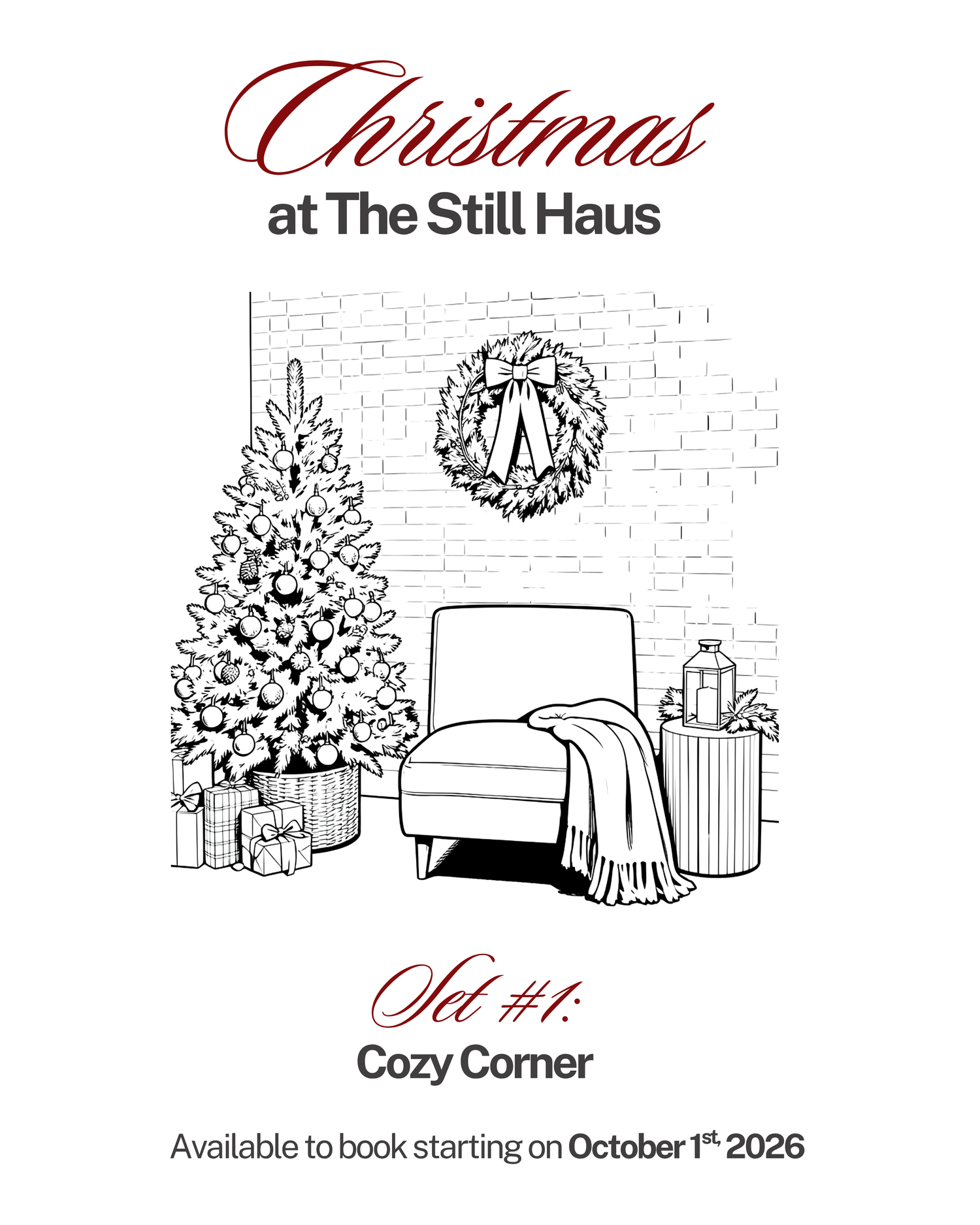 Black and white illustration of a cozy Christmas corner with decorated tree, wreath, and armchair for The Still Haus Set 1.