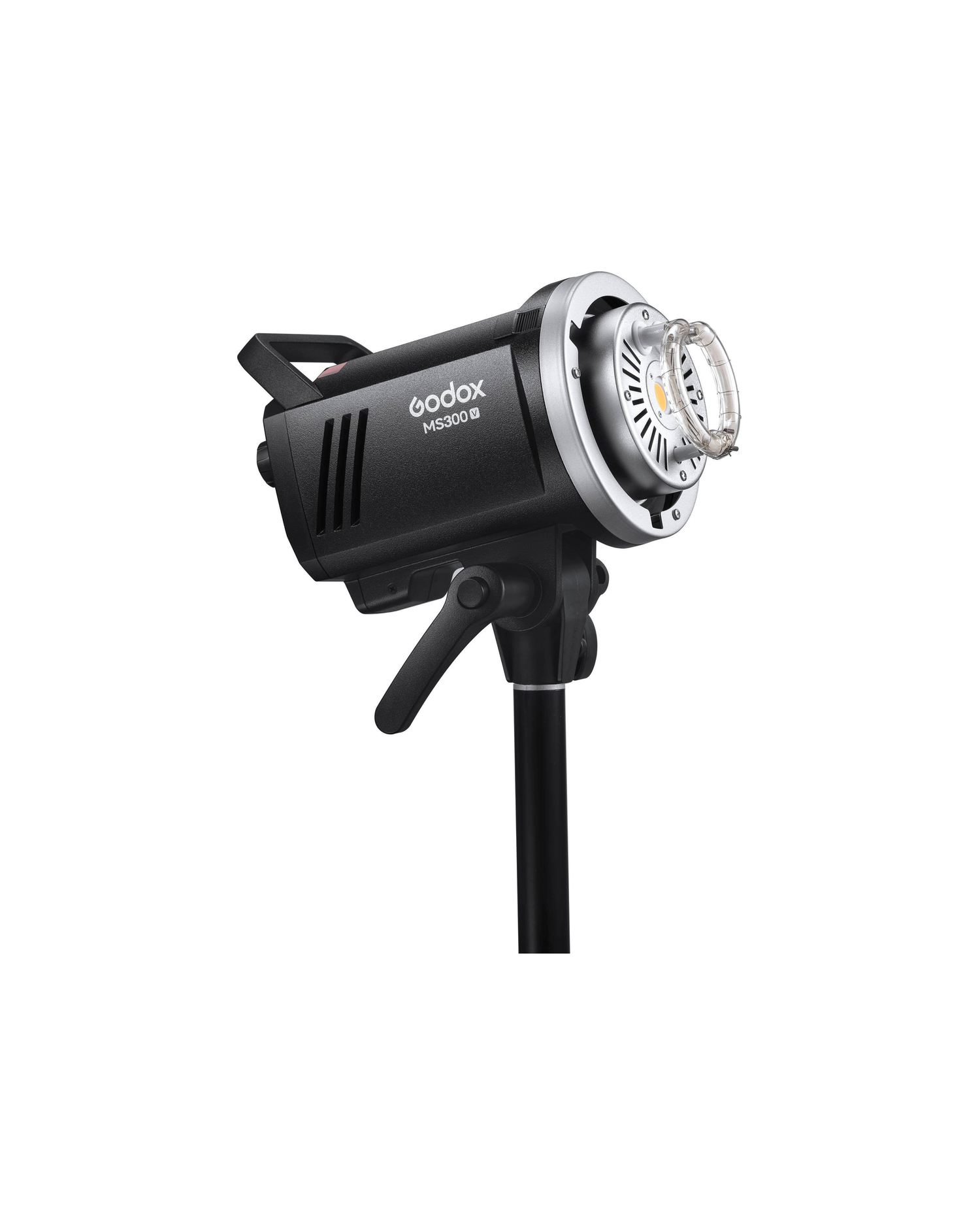 Godox MS300II studio strobe monolight flash unit mounted on a light stand with Bowens mount.