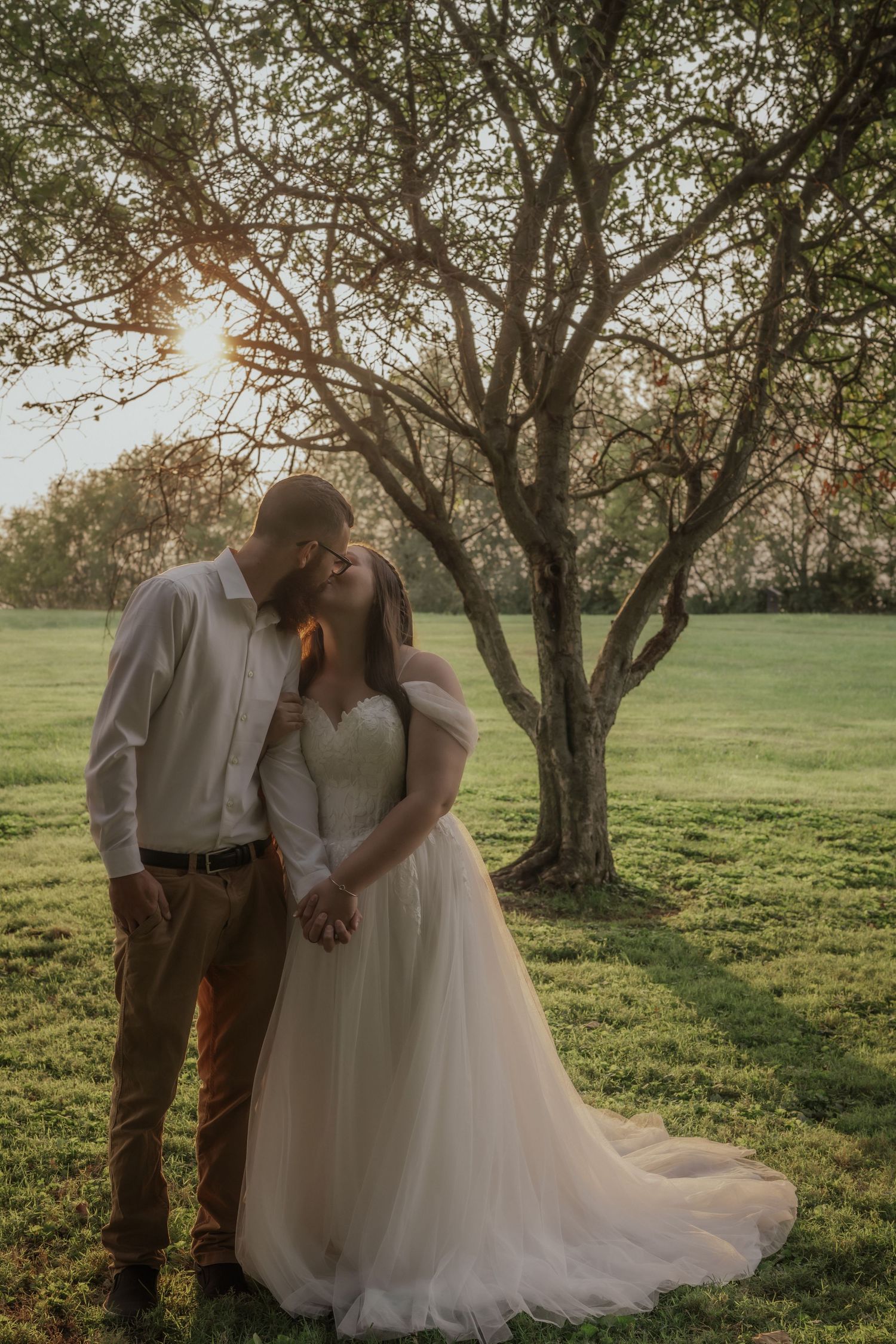 A romantic wedding couple shares an intimate moment under a sunlit tree in a serene meadow at golden hour.