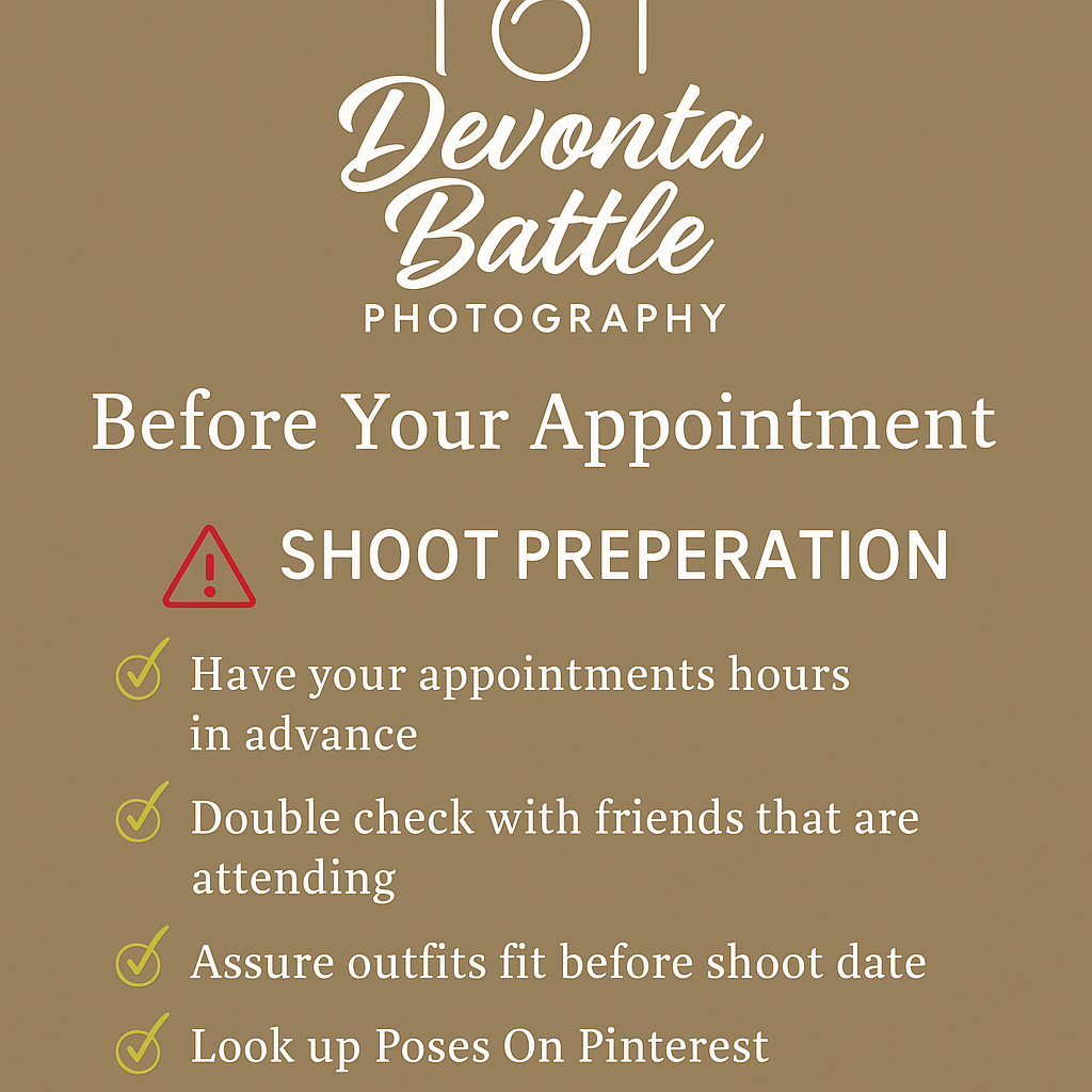 Photography shoot preparation checklist by Devonta Battle Photography in Valdosta, GA. Tips include scheduling, outfit checks, and pose idea