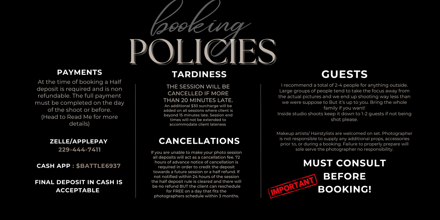 Booking policies for Devonta Battle Photography including payment details, tardiness, cancellation, and guest rules for portrait sessions in