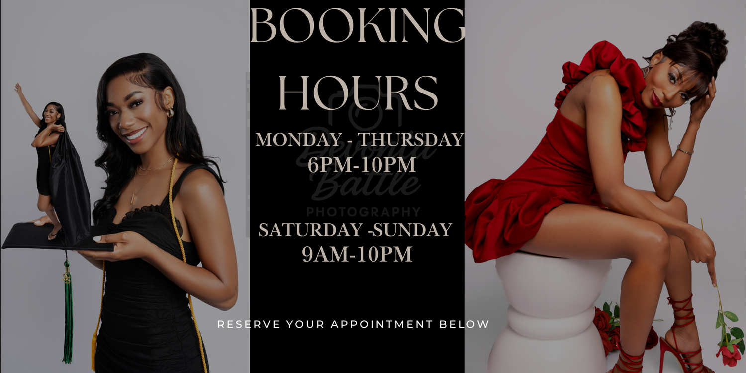 Devonta Battle Photography booking hours: Monday–Thursday 6PM–10PM, Saturday–Sunday 9AM–10PM. Studio and portrait sessions in Valdosta, GA