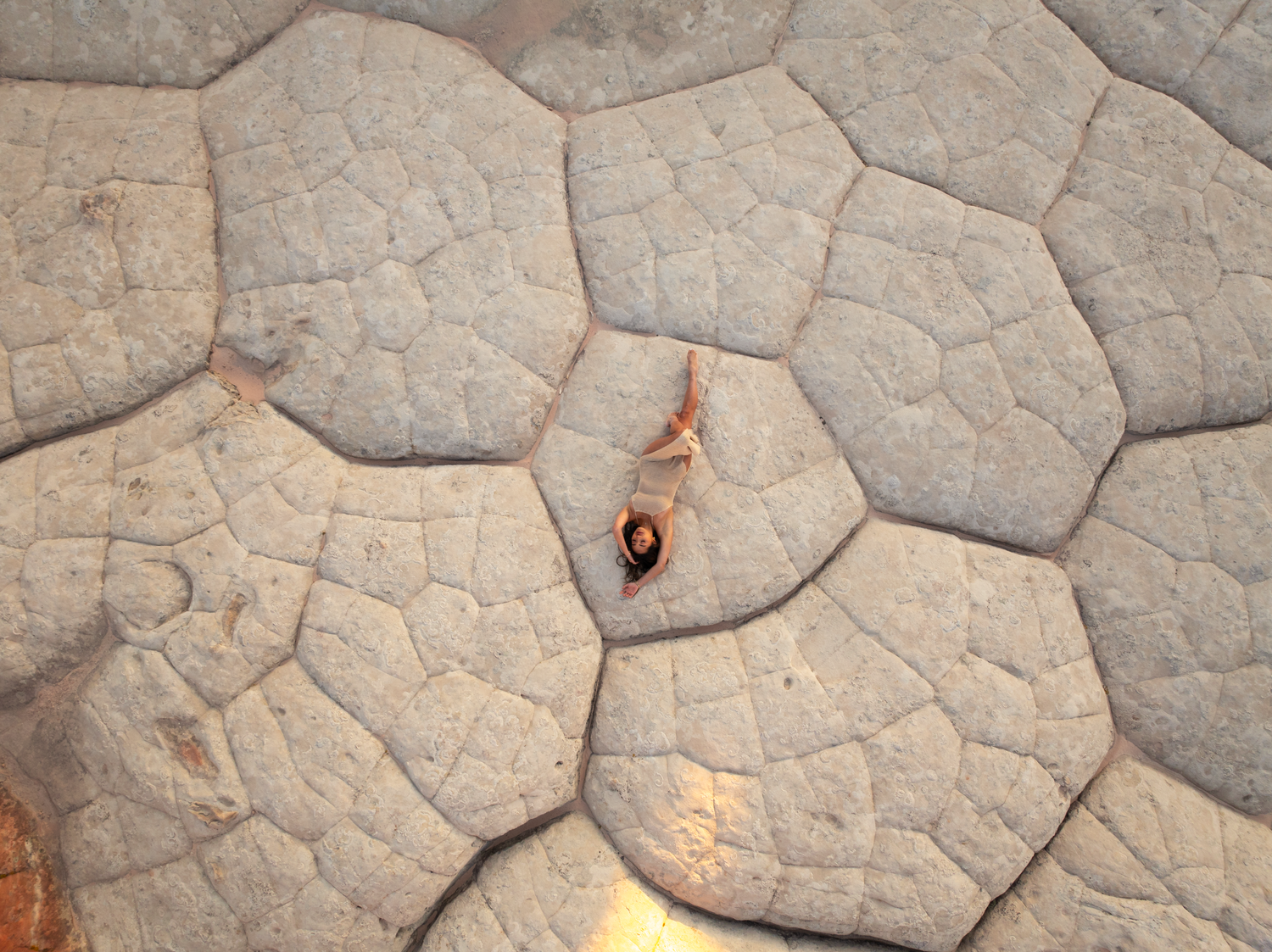 Cracked dry earth texture with geometric patterns and a small hole in the center.