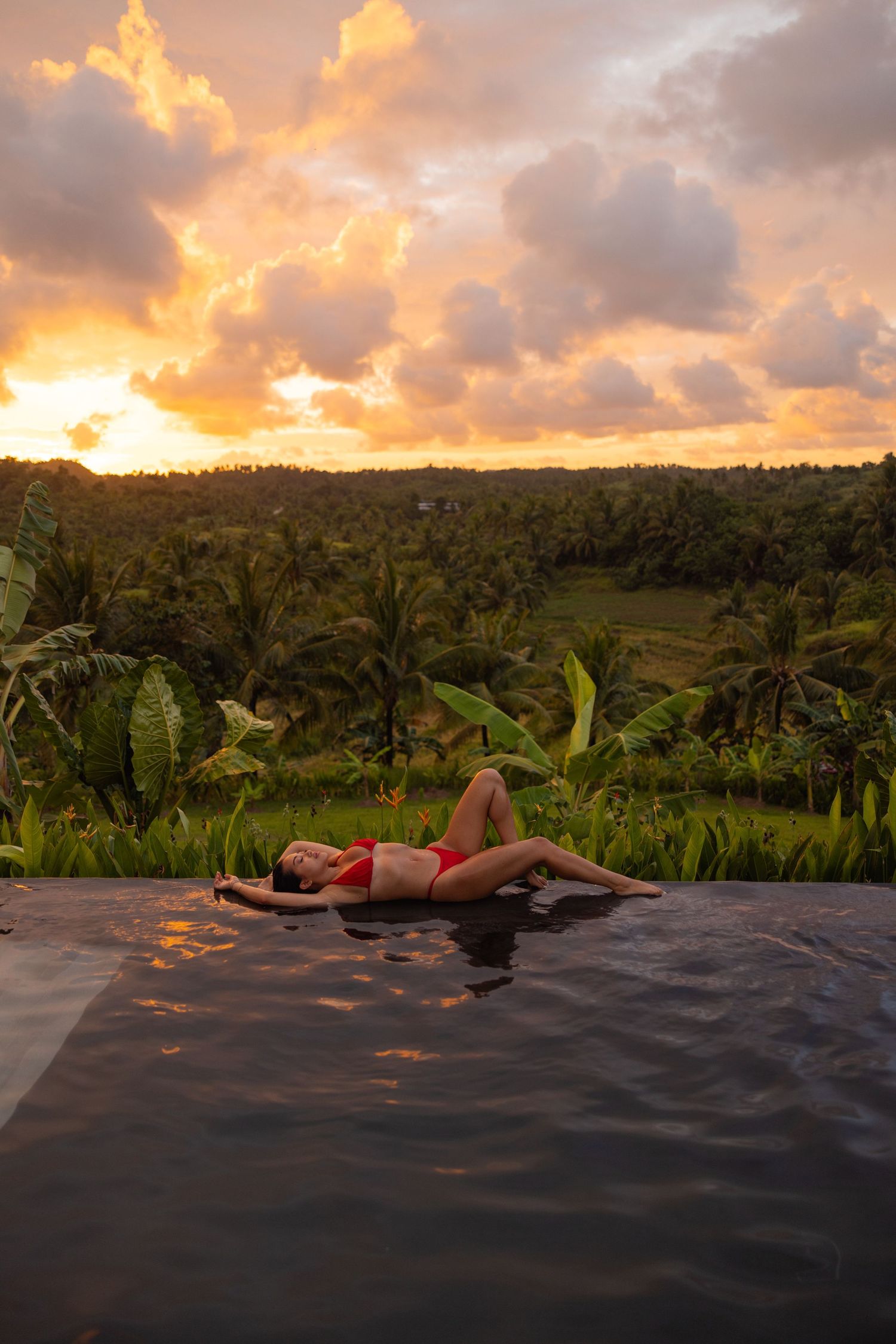 Infinity pool overlooking tropical palm forest landscape during vibrant sunset.
