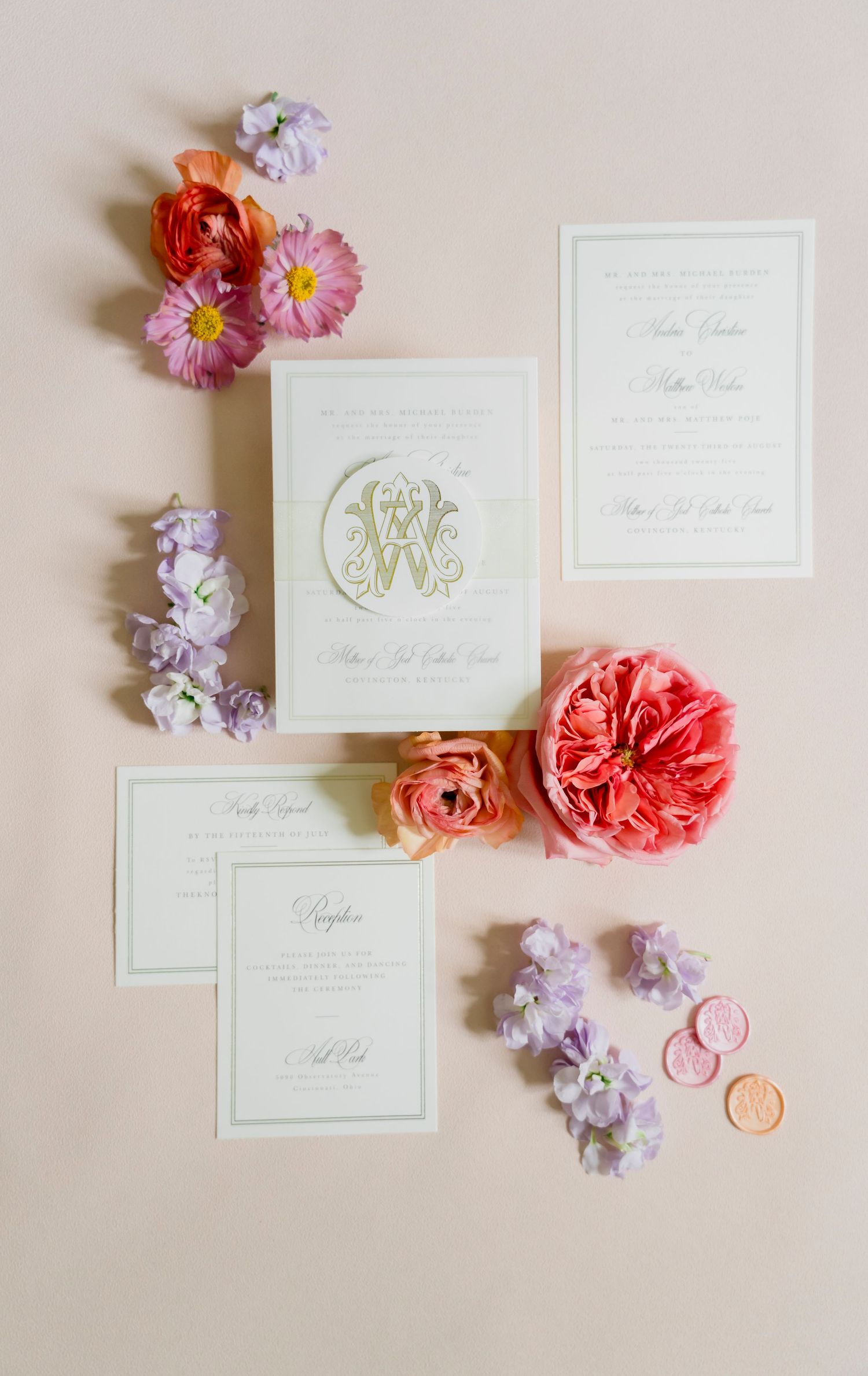 Elegant wedding invitation suite with pink and purple flowers arranged on a cream-colored background in multiple compositions.