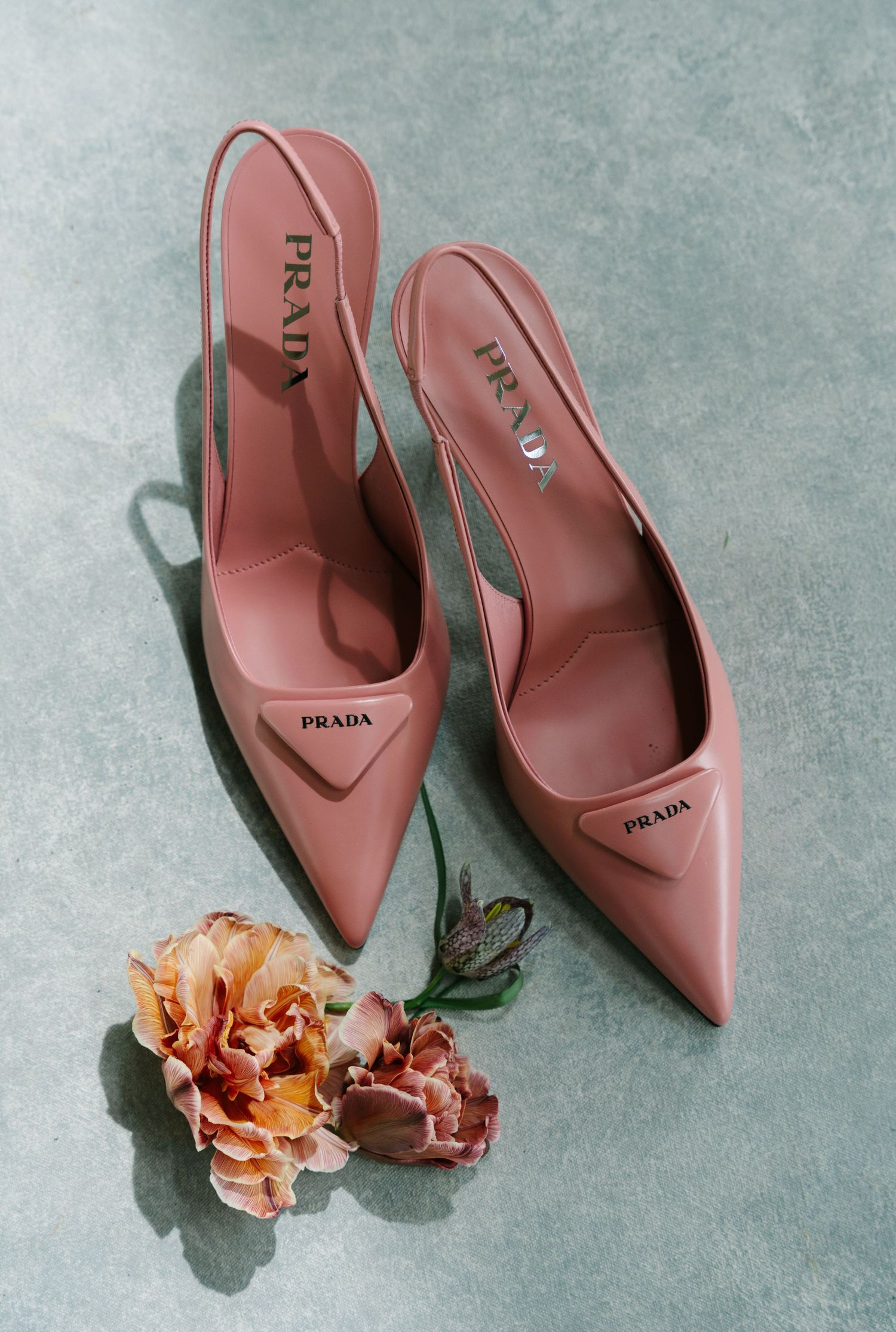 Pink Prada slingback heels with pointed toe and logo detail, displayed beside a peach flower on a teal surface.