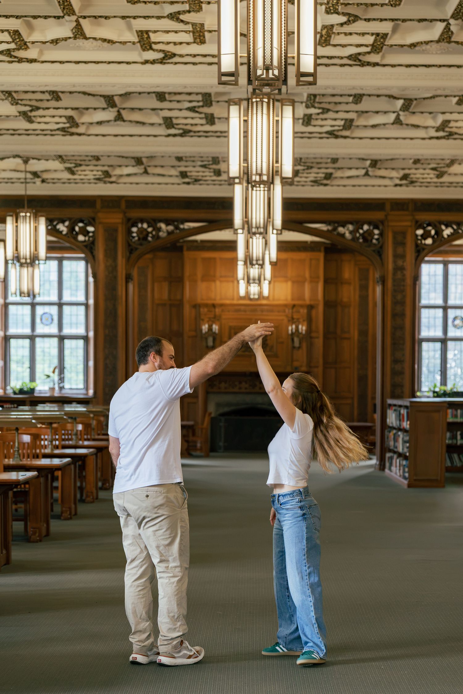 Couple dancing inside Linderman Library during a couples photography session in Bethlehem, Pennsylvania