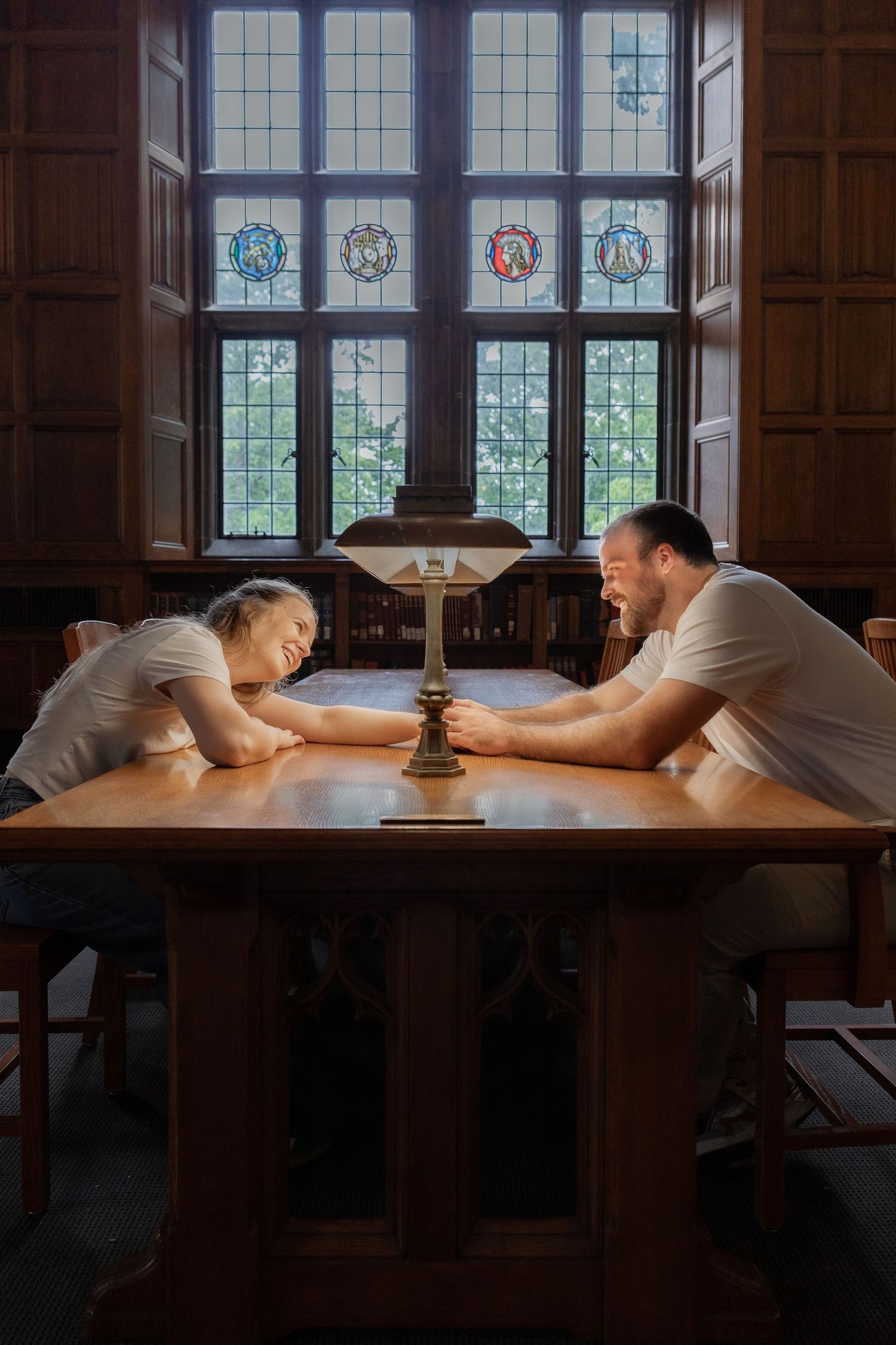 Couple together inside historic Linderman Library during a couples photography session in Bethlehem Pennsylvania