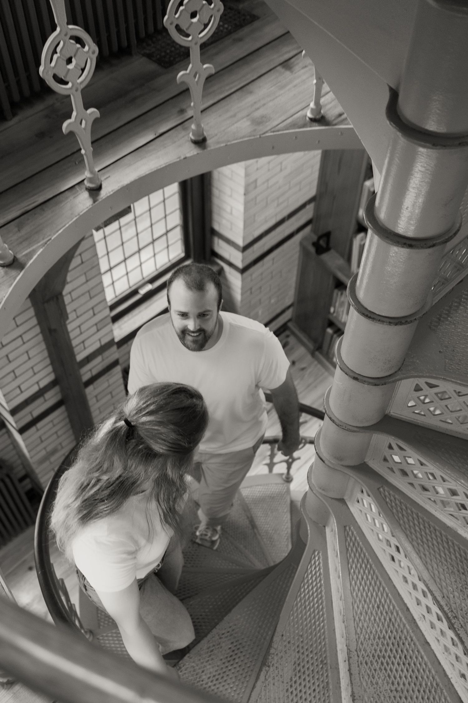 Black and white photo of a couple inside historic Linderman Library during a couples photography session in Bethlehem PA