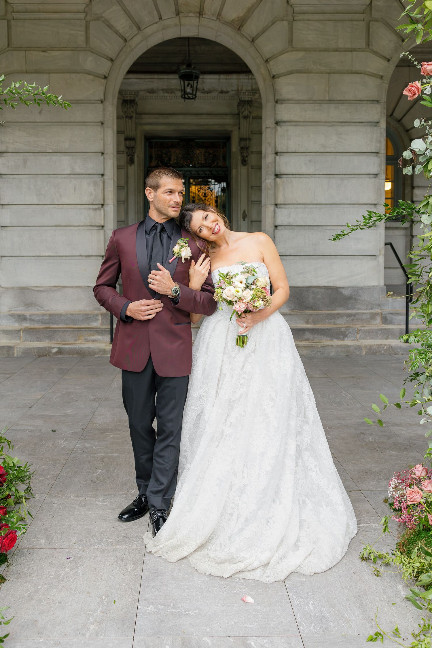 Romantic bride and groom portrait outside Elkins Estate, a historic Pennsylvania wedding venue near Philadelphia.