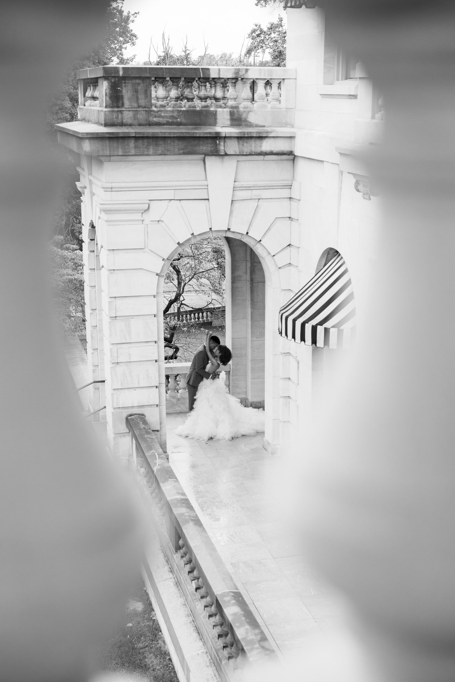 Black and white architectural detail of Elkins Estate, a historic Gilded Age wedding venue near Philadelphia.
