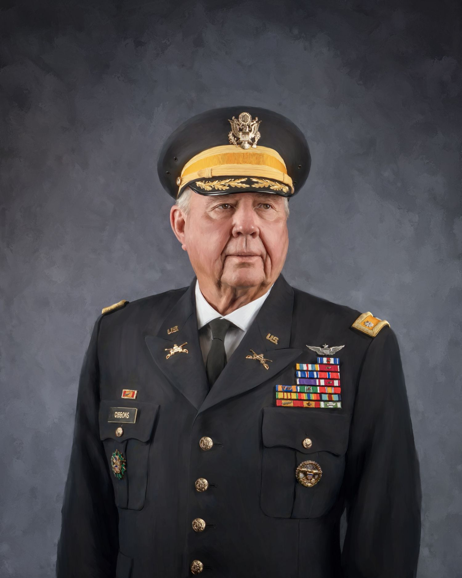 Elderly military officer in US Army dress uniform with medals, ribbons, and general's cap poses for formal portrait.