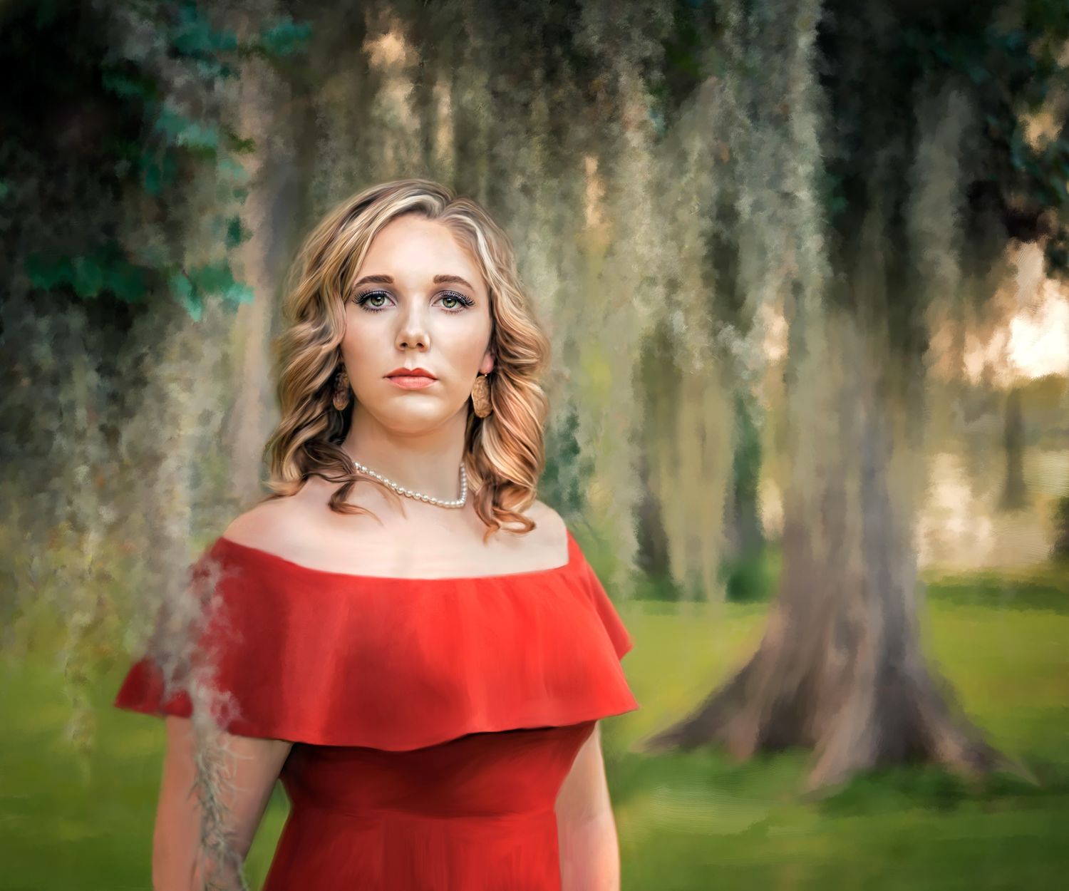 Young woman in red off-shoulder dress posing under Spanish moss-draped trees outdoors.