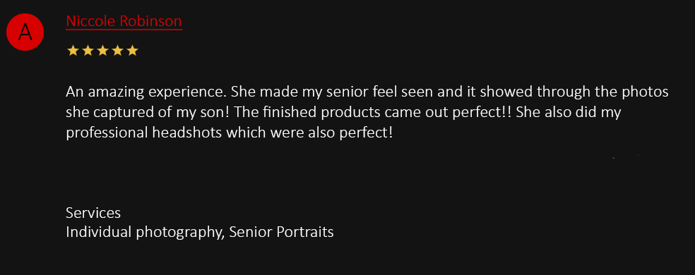 Five-star review praising professional senior portraits and headshots, highlighting a personalized photography experience.