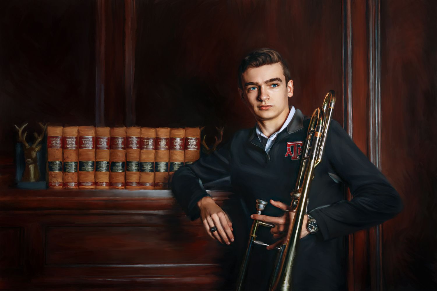 Young man in school uniform holding a trombone posed in front of a wooden bookshelf with law books.