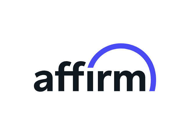 Affirm buy now pay later logo with blue arc symbol on white background.