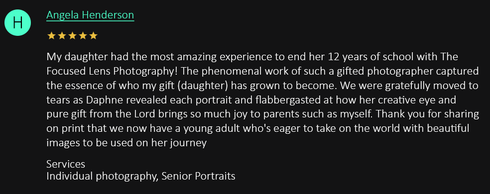 Five-star Google review praising a photography school for capturing a young woman's essence in stunning senior portraits.