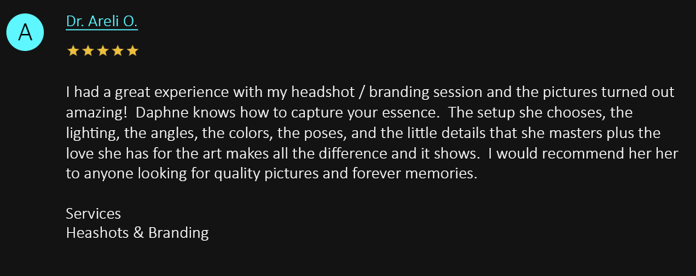Five-star Google review praising headshot and branding photography session experience.