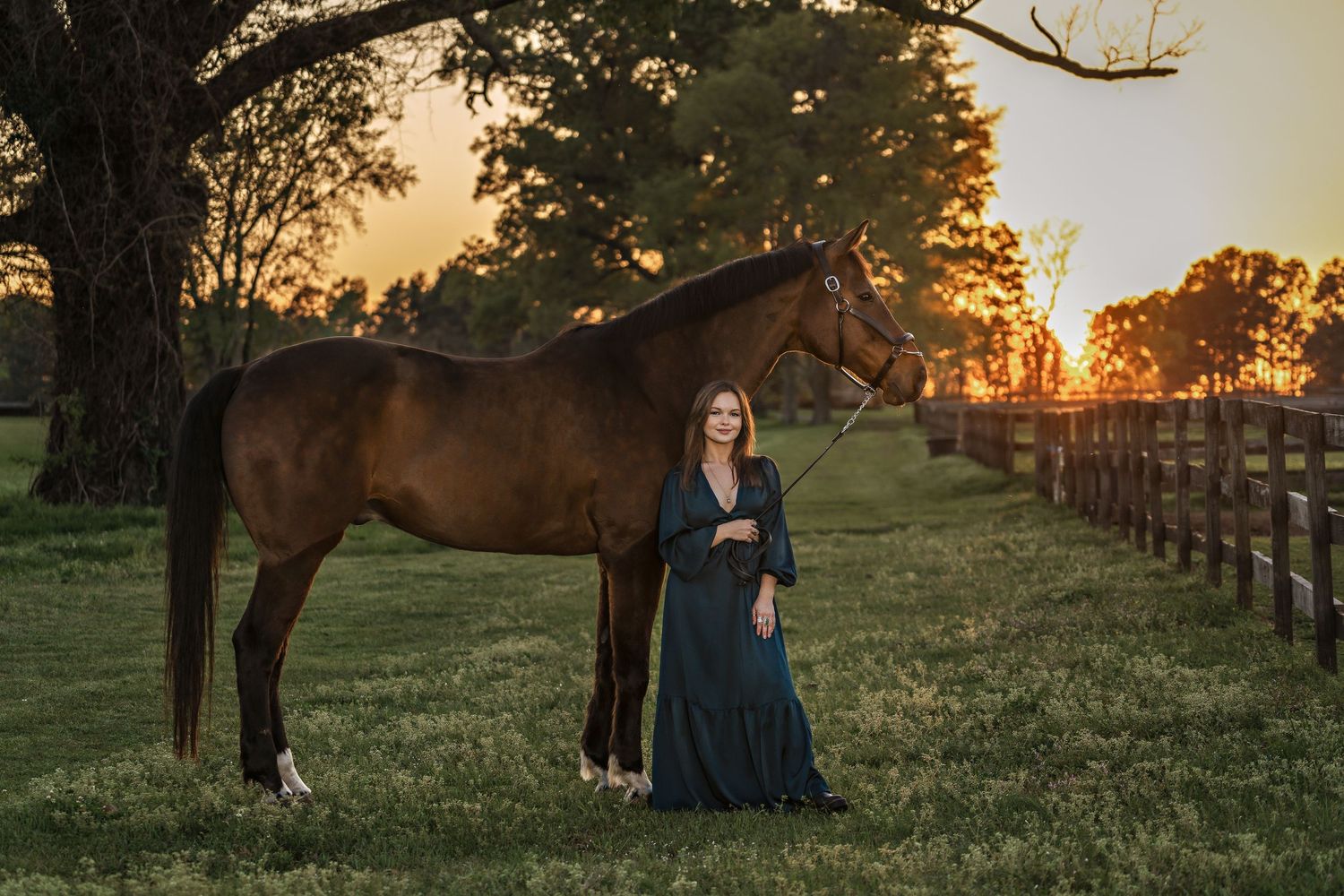 Woman in dark green gown poses beside chestnut horse at golden sunset on farm.