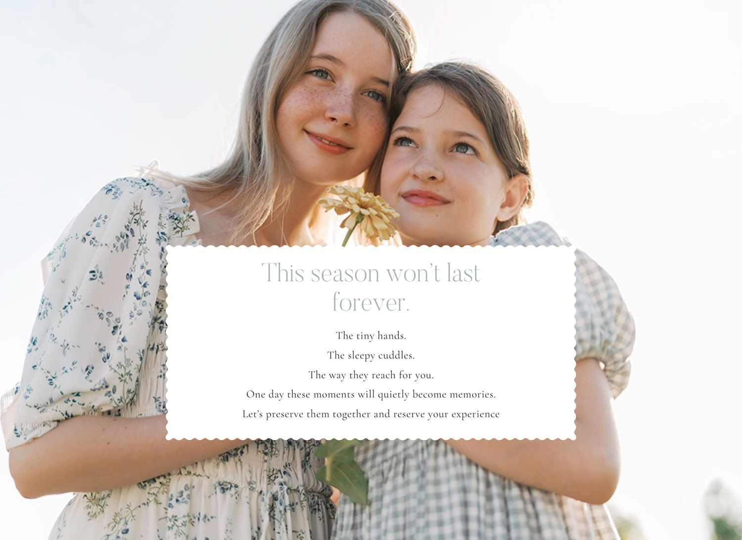 Mother and daughter in floral dresses embracing outdoors with inspirational text overlay about cherishing memories by Alahir Villasenor Phot