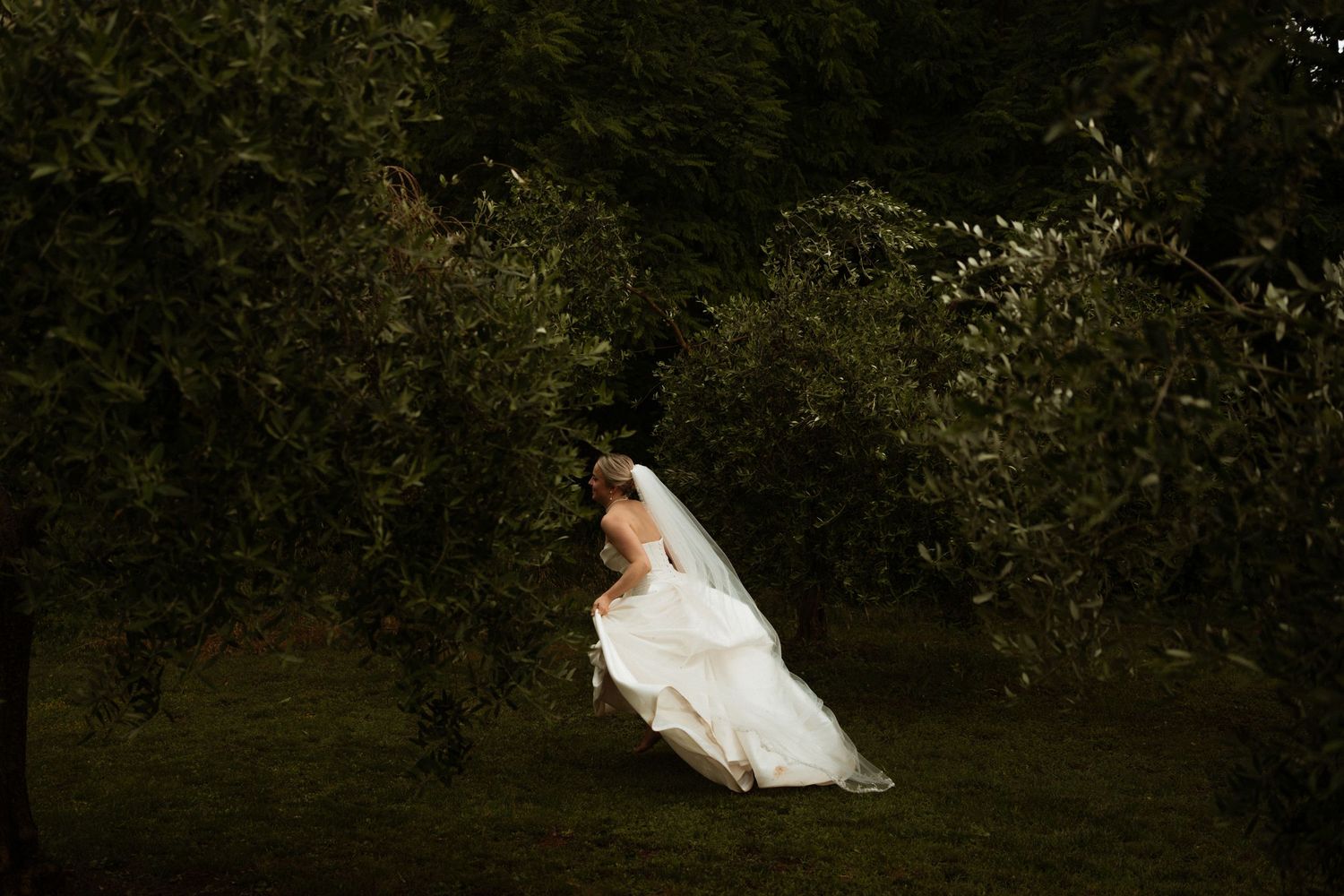 Bride in white gown and veil stands alone among lush green trees in moody garden wedding portrait.