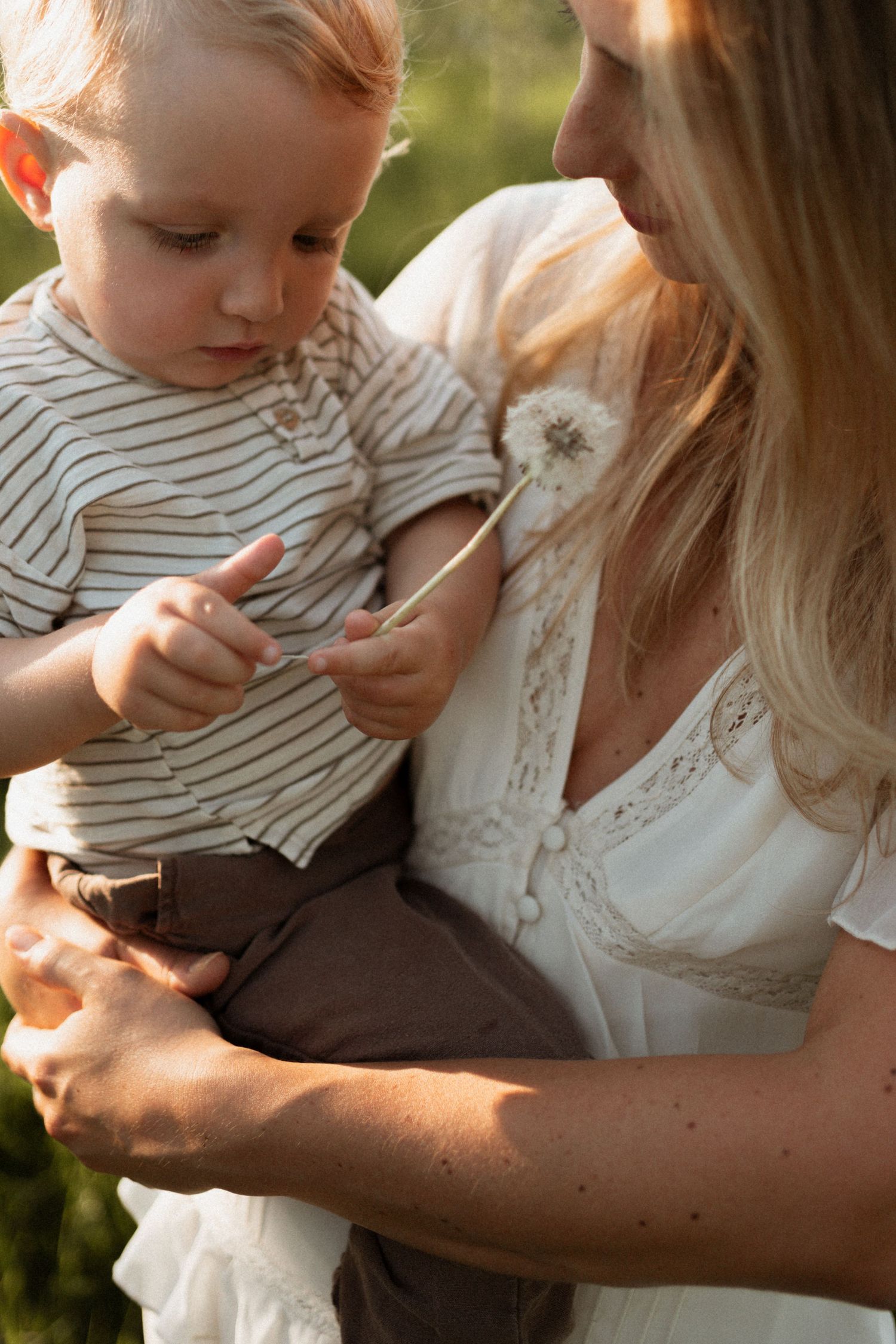 A blonde mother holds her toddler in a striped shirt while they examine a dandelion outdoors in warm sunlight.
