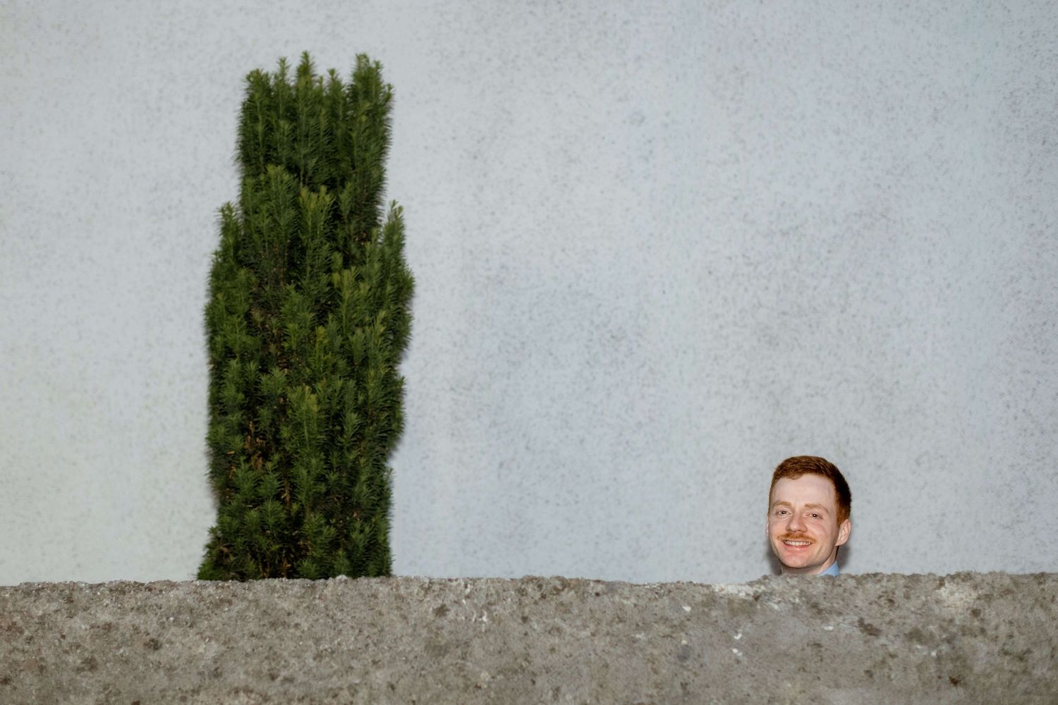 Smiling red-haired man peeking over a concrete wall beside a small cypress tree.