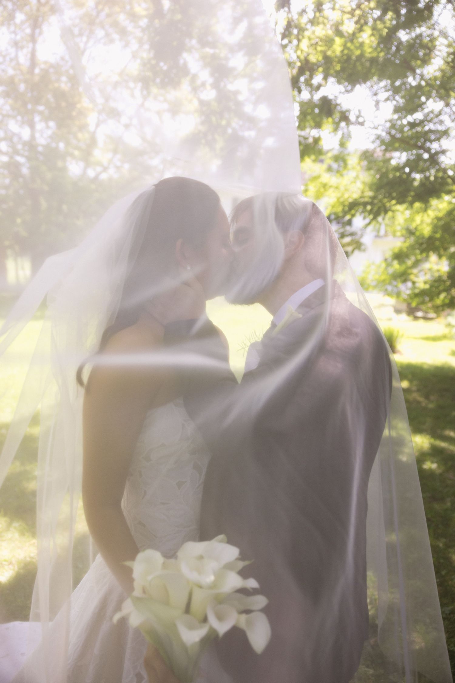 Bride and groom kissing beneath the wedding veil in a backlit outdoor setting at Wadsworth Homestead in Geneseo, NY.