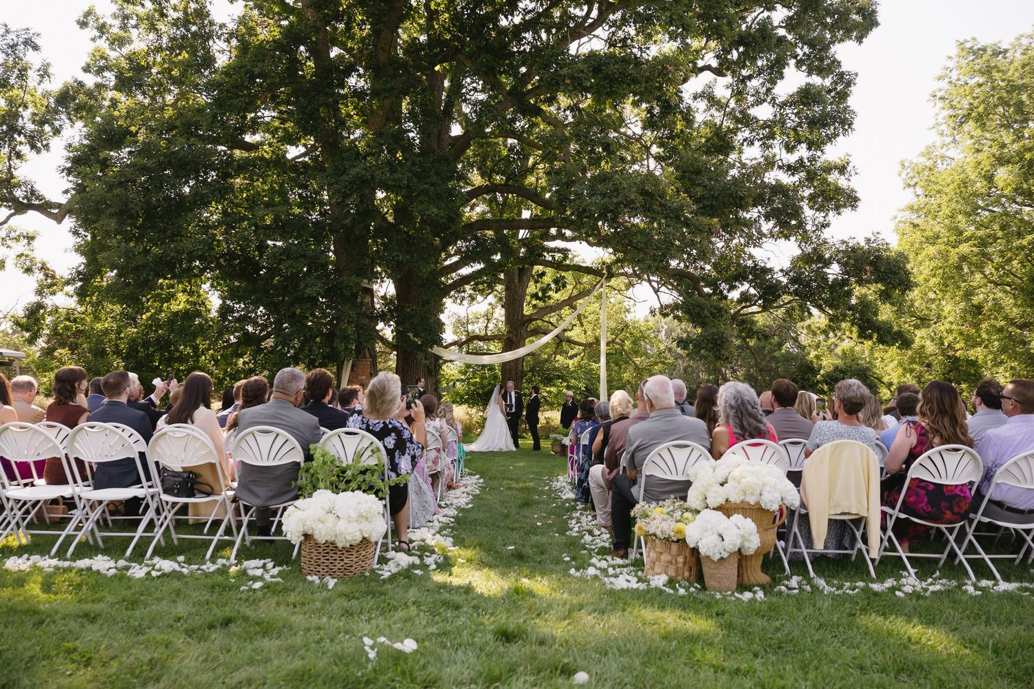 Outdoor wedding ceremony under large oak trees at Wadsworth Homestead venue in Geneseo, NY.