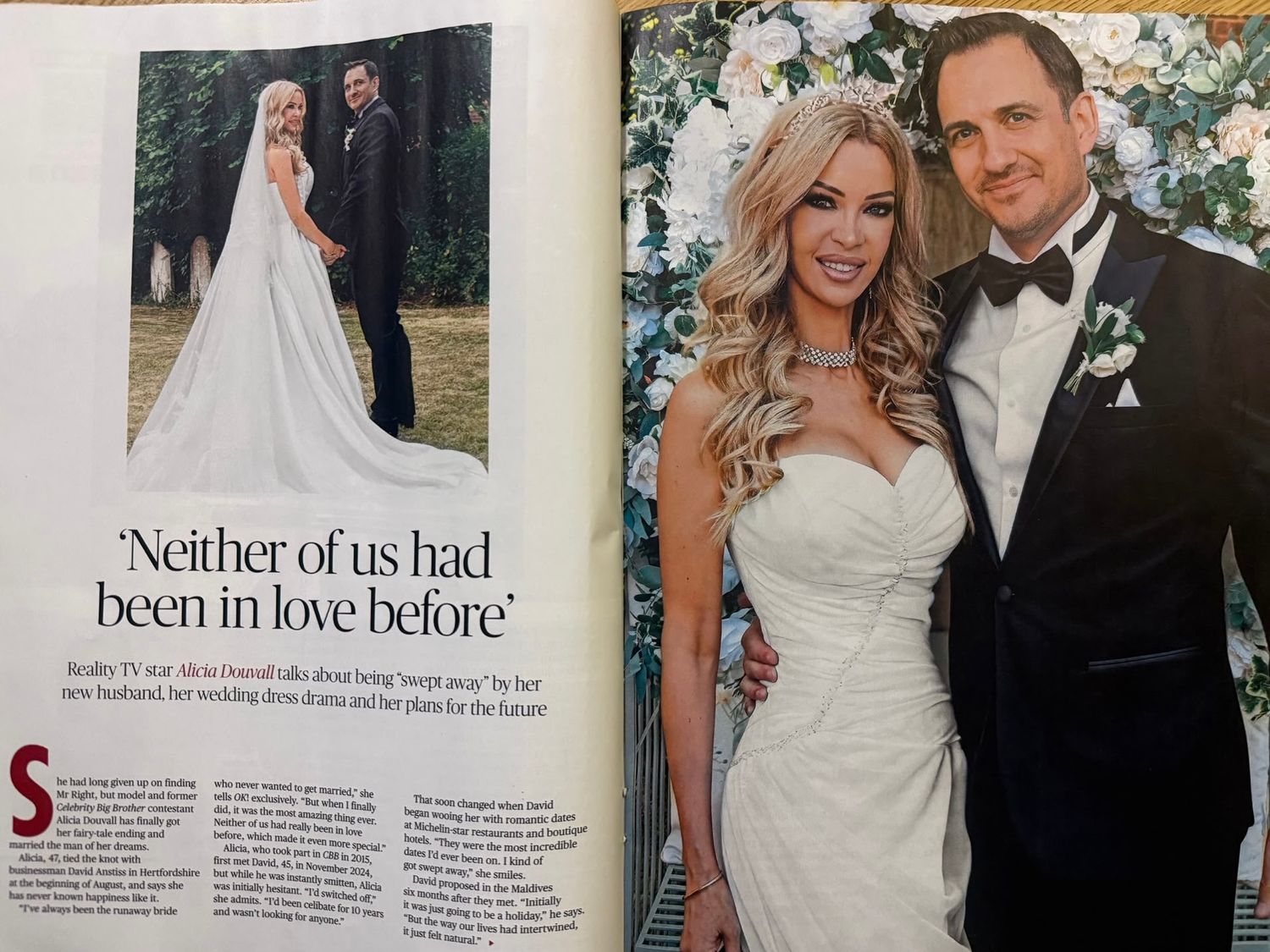 Magazine spread featuring a bride in white gown and groom in tuxedo at their wedding, with headline about being in love.