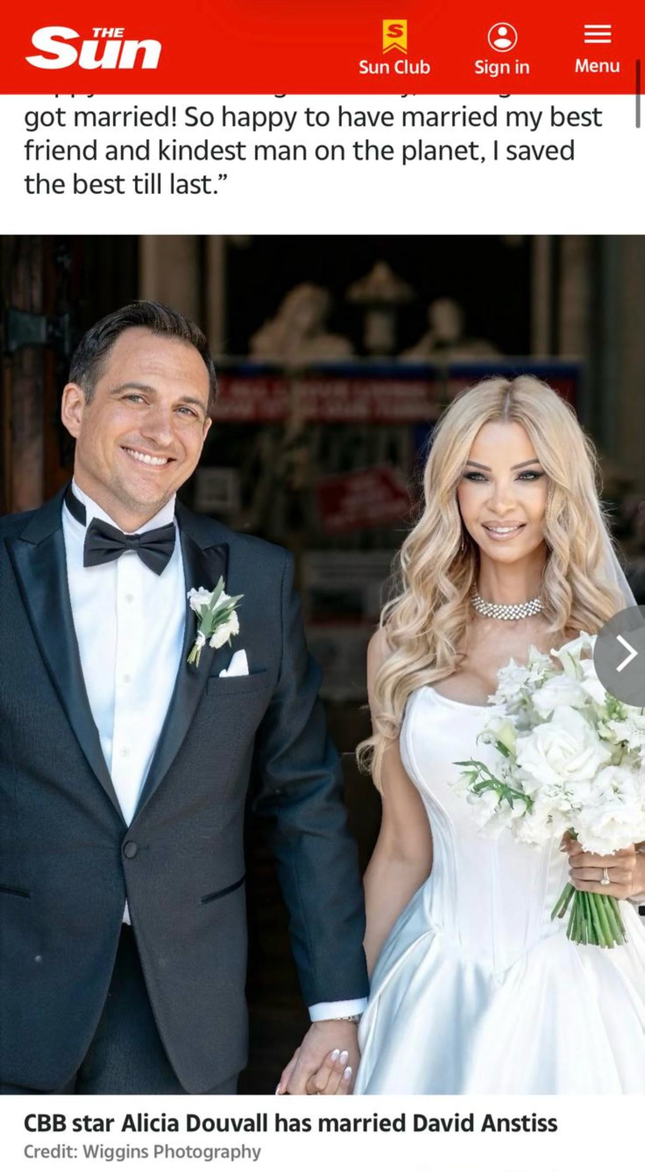 CBB star Alicia Douvall in a white wedding gown holding flowers beside husband David Anstiss in a black tuxedo.