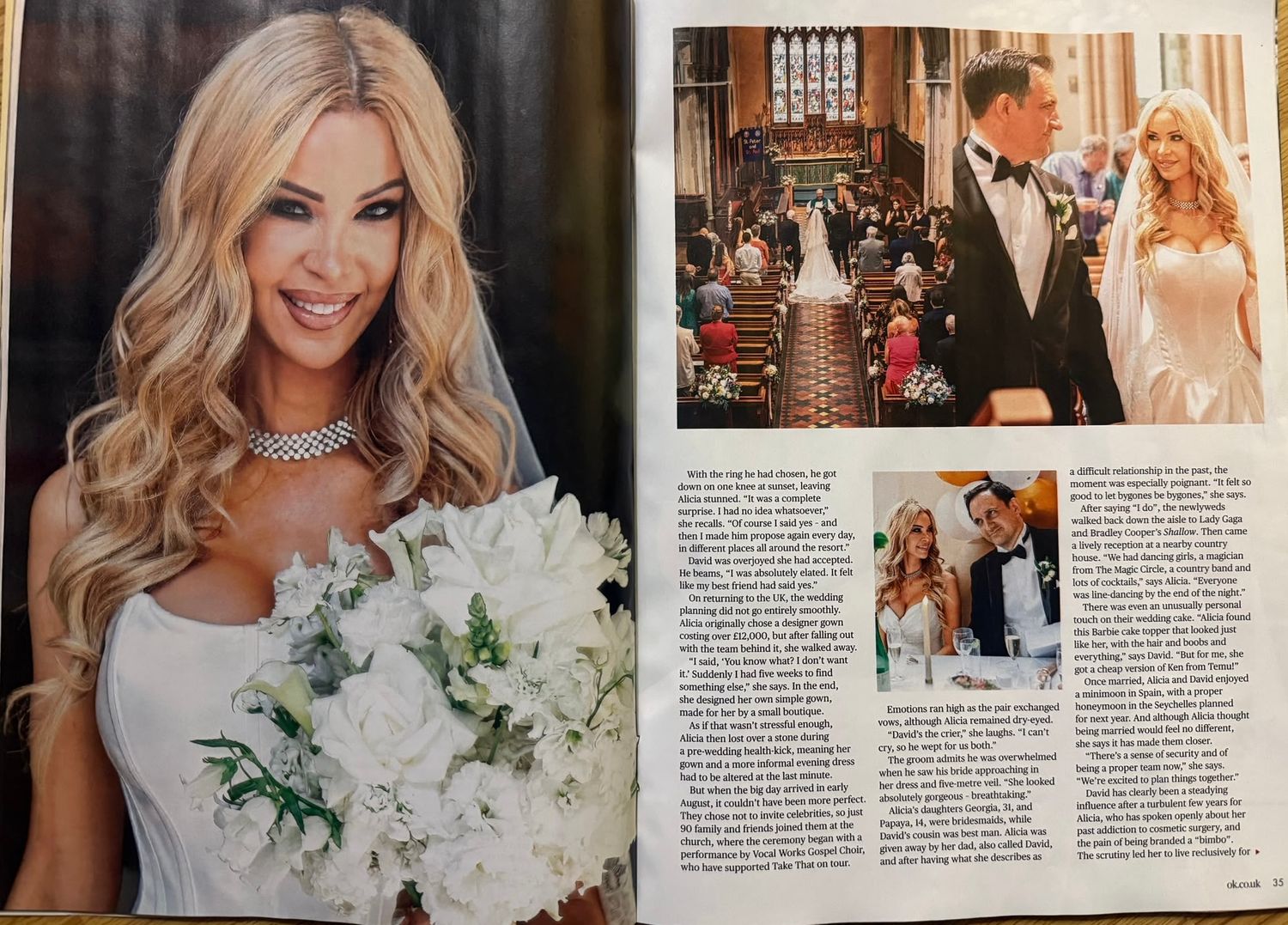 Magazine spread featuring a bride in a white gown with diamond necklace holding white bouquet, with wedding ceremony photos.