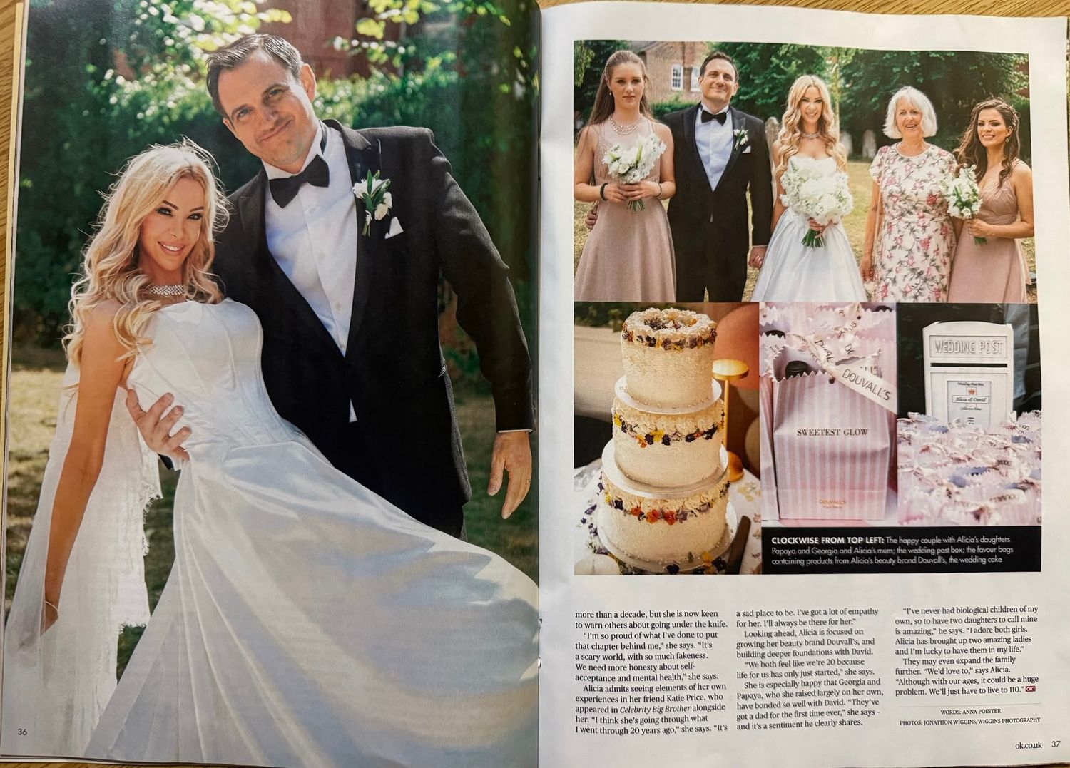 Magazine spread featuring a wedding with bride in white gown, groom in tuxedo, bridesmaids, and a decorated tiered cake.