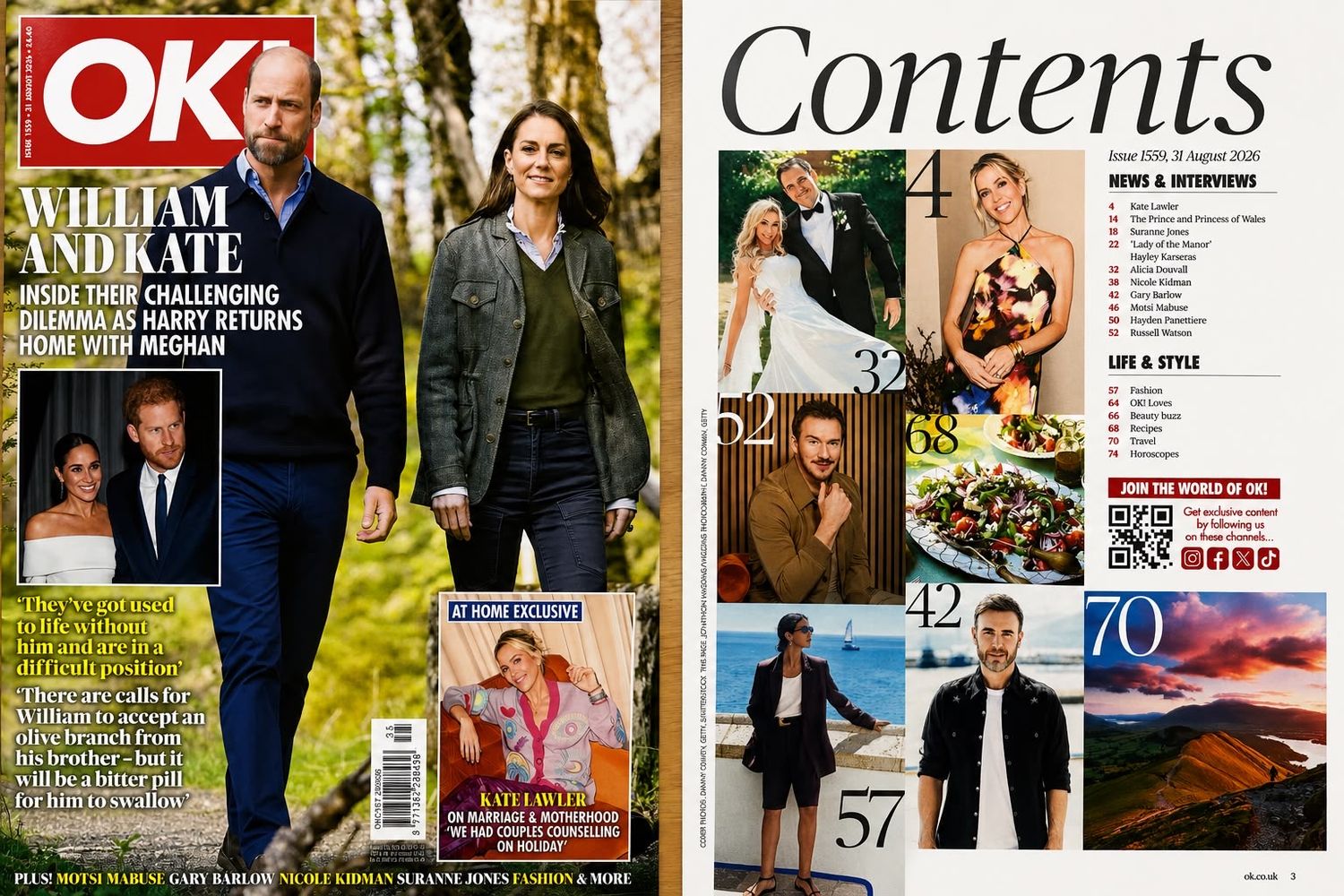 OK! Magazine cover featuring William and Kate alongside a contents page with celebrity photos and lifestyle articles.