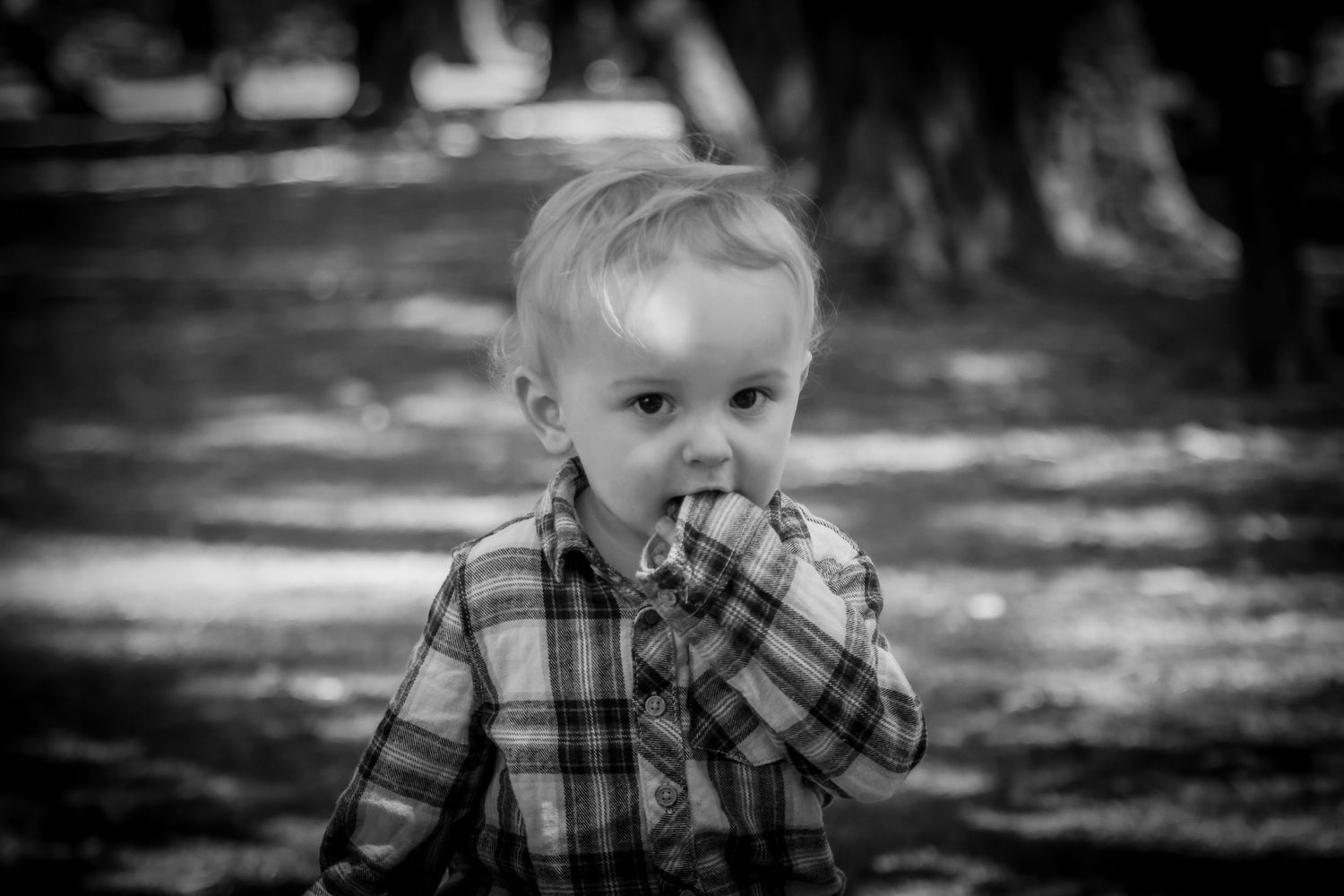 Black and white photo of a cute toddler boy in a plaid shirt putting his hand to his mouth.