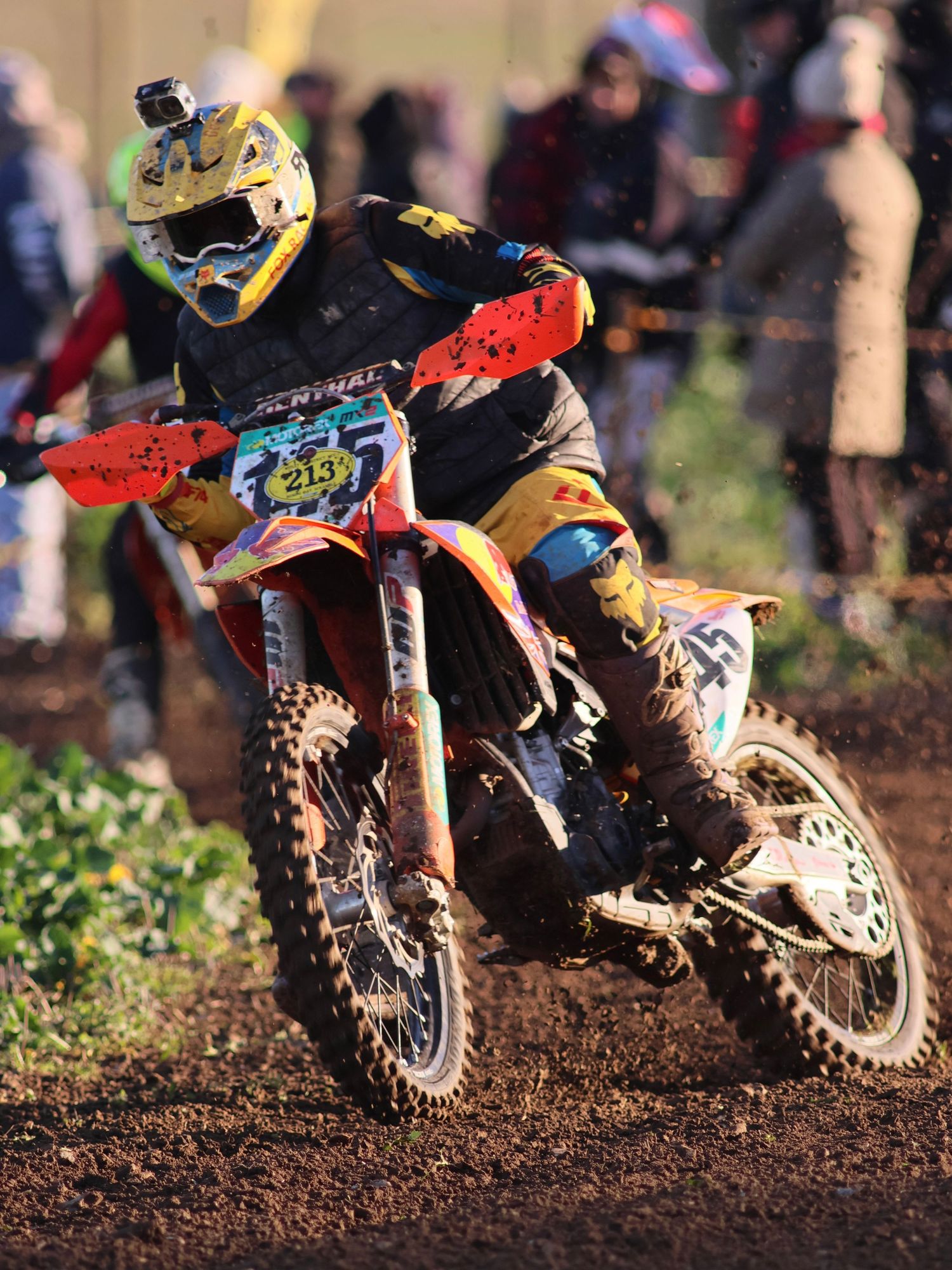 Motocross rider number 213 racing on a muddy dirt track in colorful yellow and black gear.