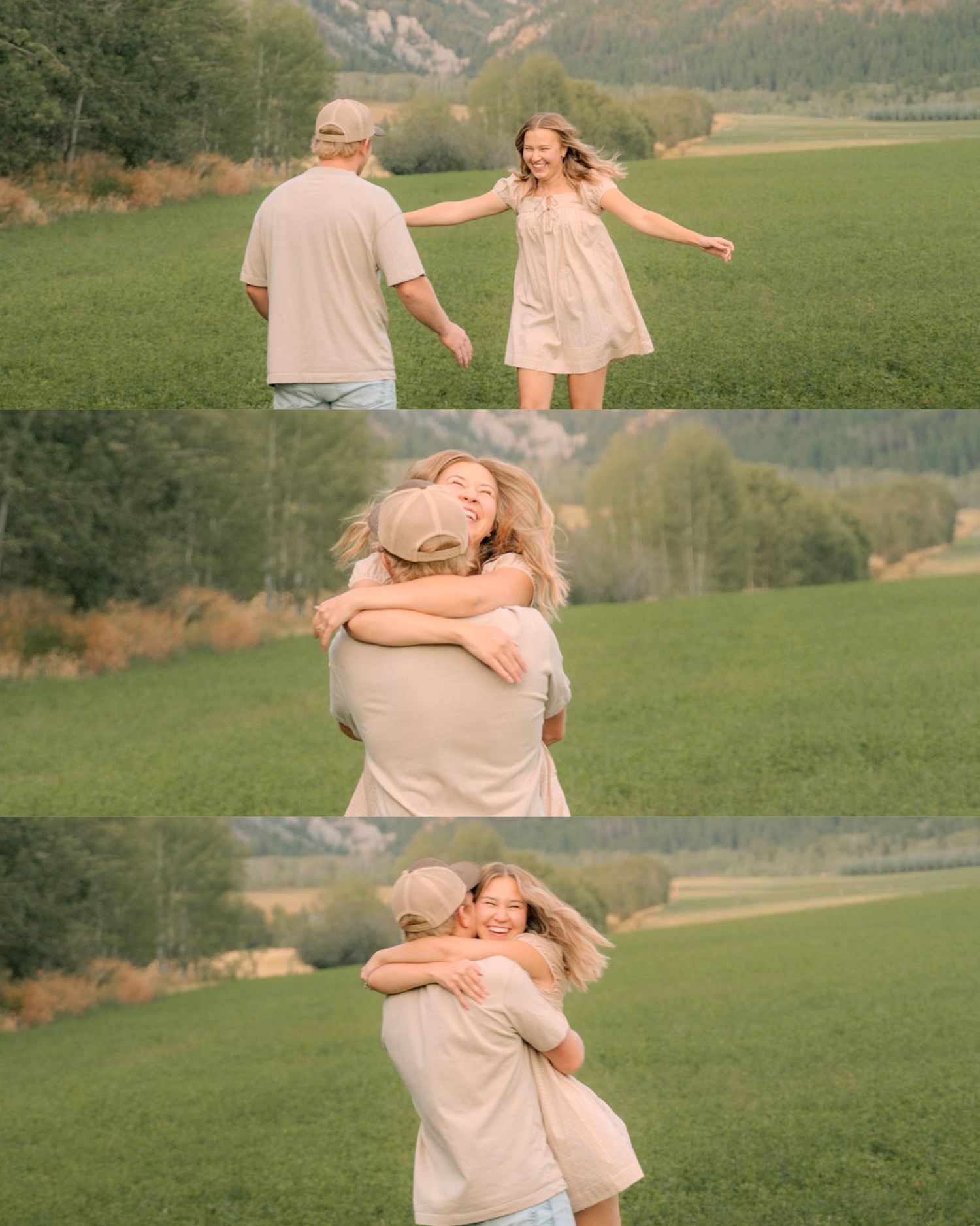 Collage of couple reuniting with a joyful hug in a green field with mountain views.