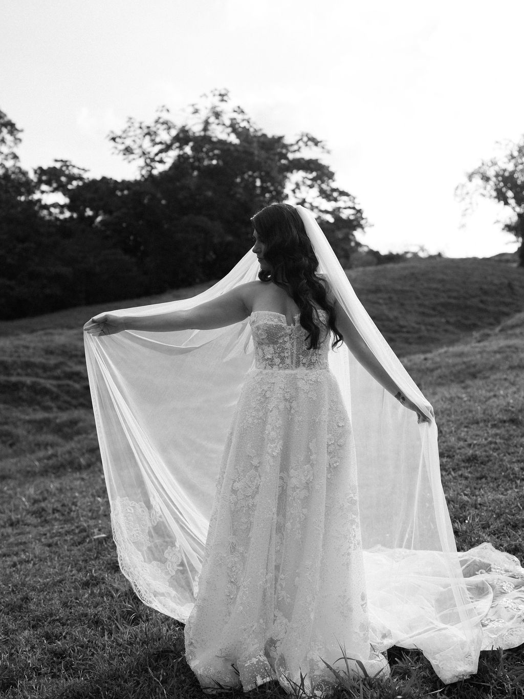 Black and white bridal portrait during an intimate La Fortuna elopement