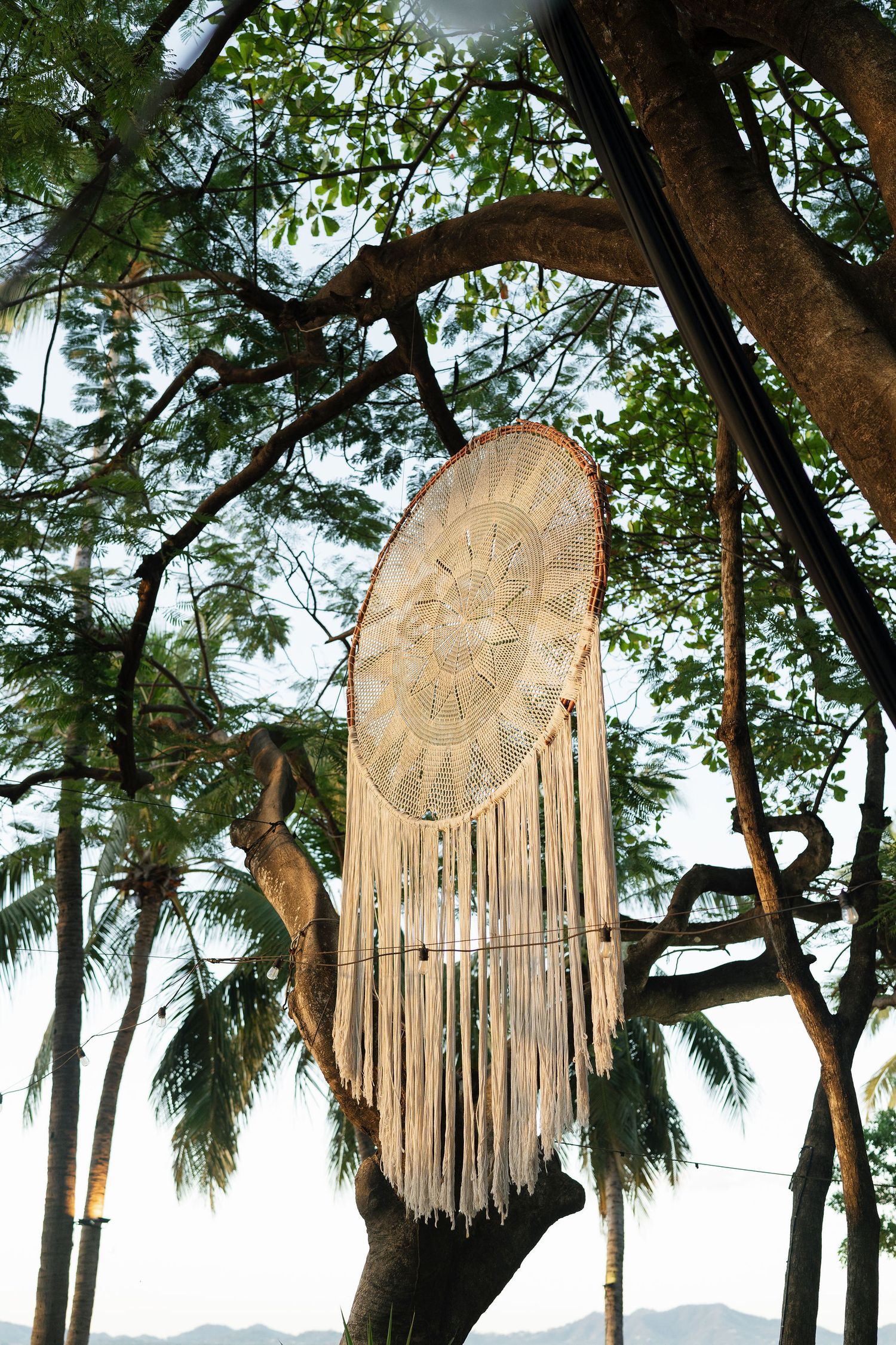Tropical woven decor hanging from a tree during Ashley and Ryan's welcome party in Tamarindo, Costa Rica