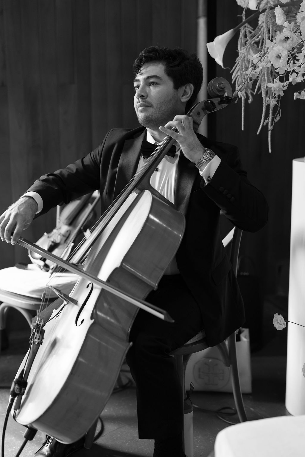 Cellist performing during an elegant wedding ceremony in Monteverde, Costa Rica