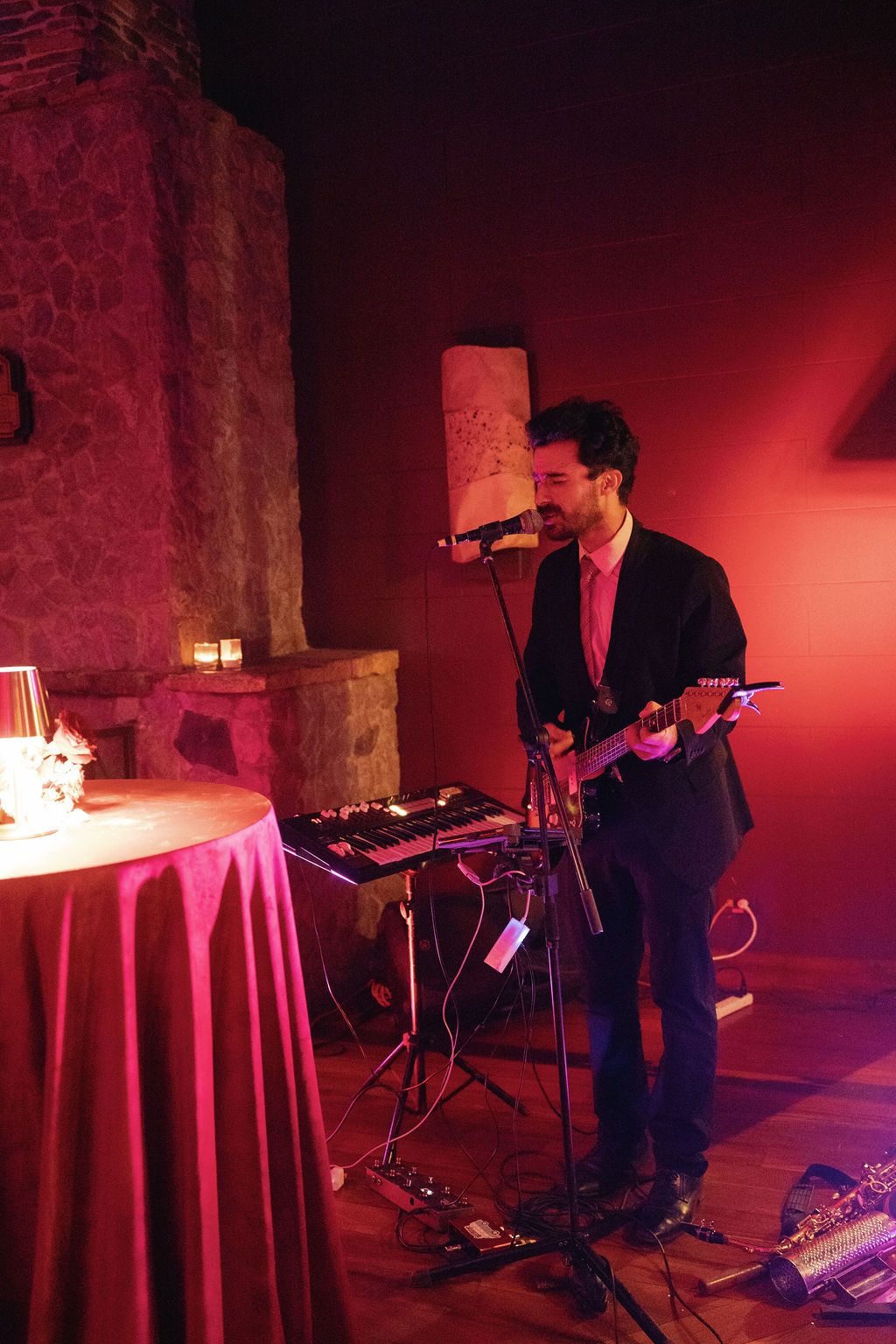Live musician performing during a wedding welcome party in Costa Rica