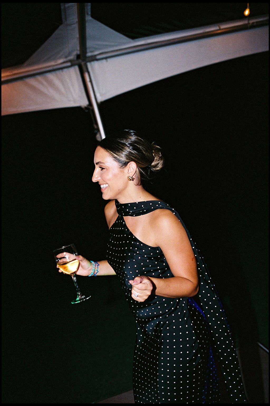 Wedding guest enjoying the evening reception at Las Palapas photographed on film